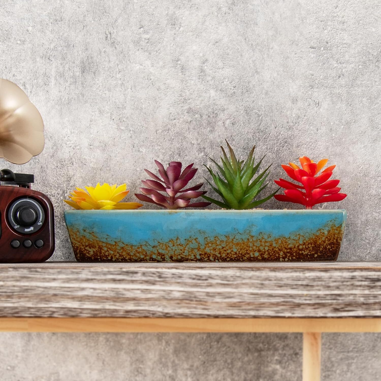 Assorted Artificial Succulents Fake Plants in Rectangular Glazed Ceramic Pot Art