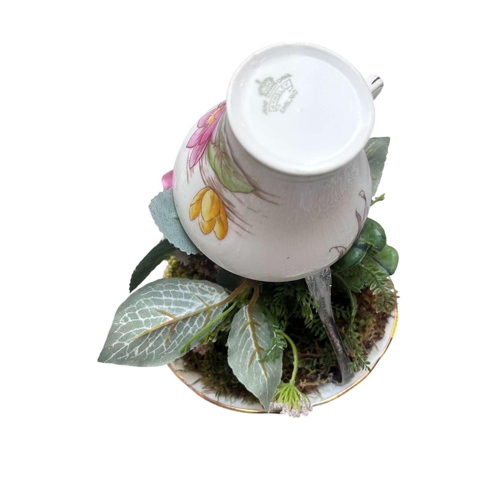 Aynsley England Floating Teacup Centerpiece Faux Floral Pink Rose Butterfly