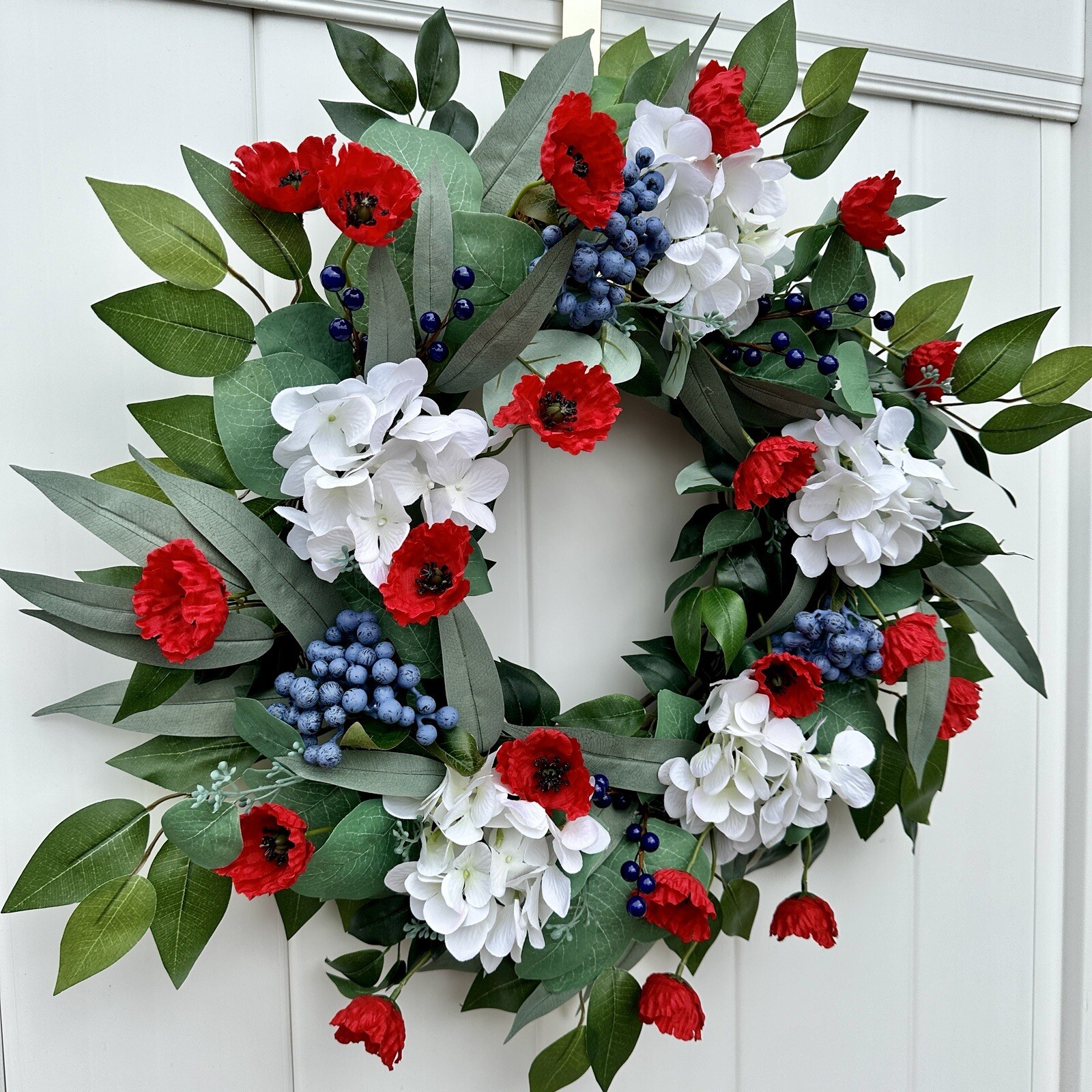 Hydrangea, Red Poppy, Blueberry,and Ficus 22” Wreath