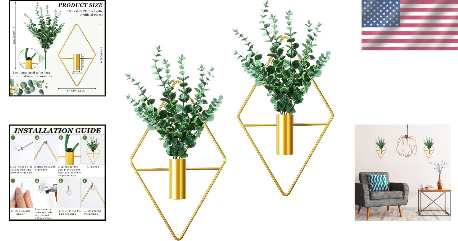 Elegant Gold Wall Planters – 2 Piece Geometric Planter Set with Eucalyptus Decor