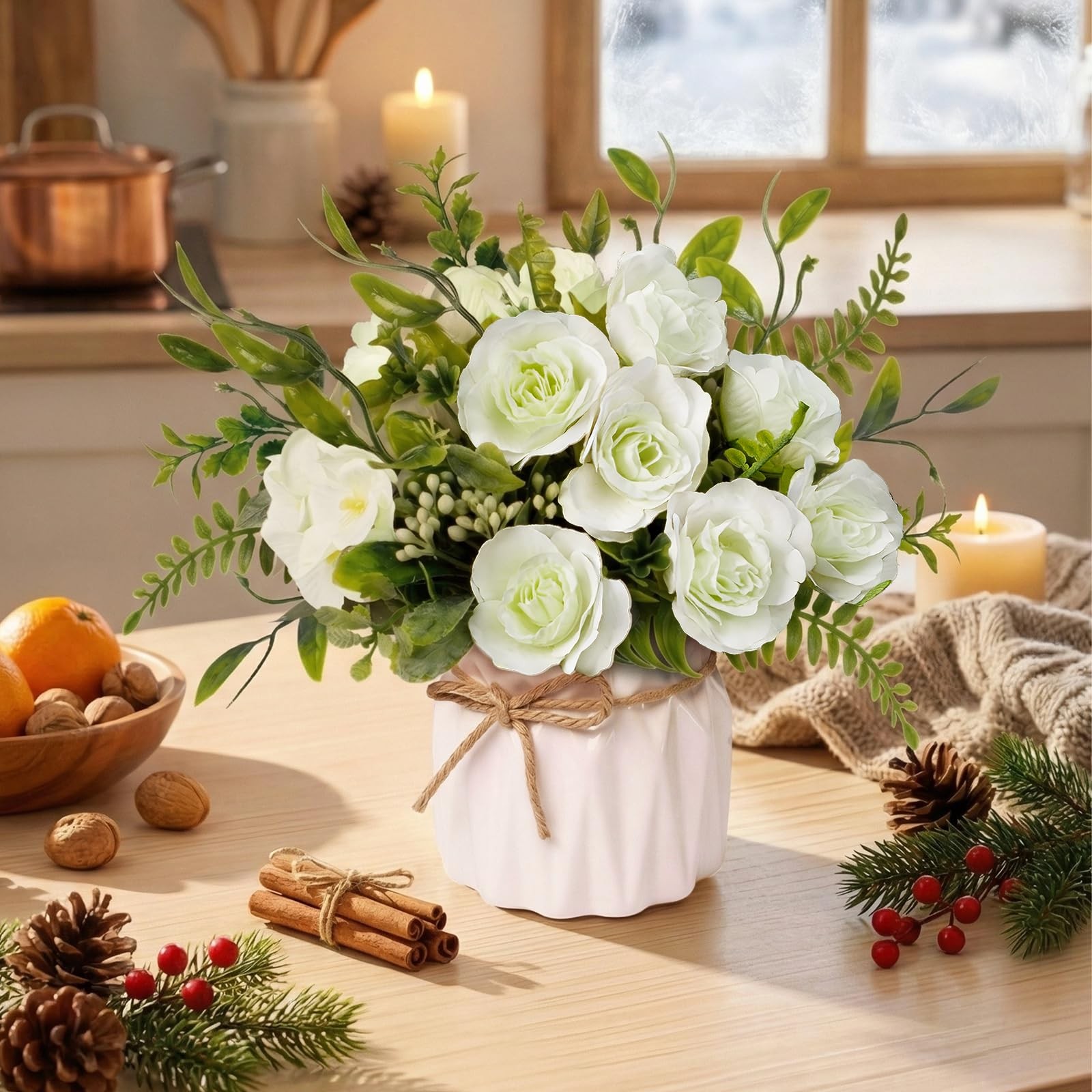 White Artificial Silk Roses with Ceramic Vase, No Maintenance Faux Flower Arr…