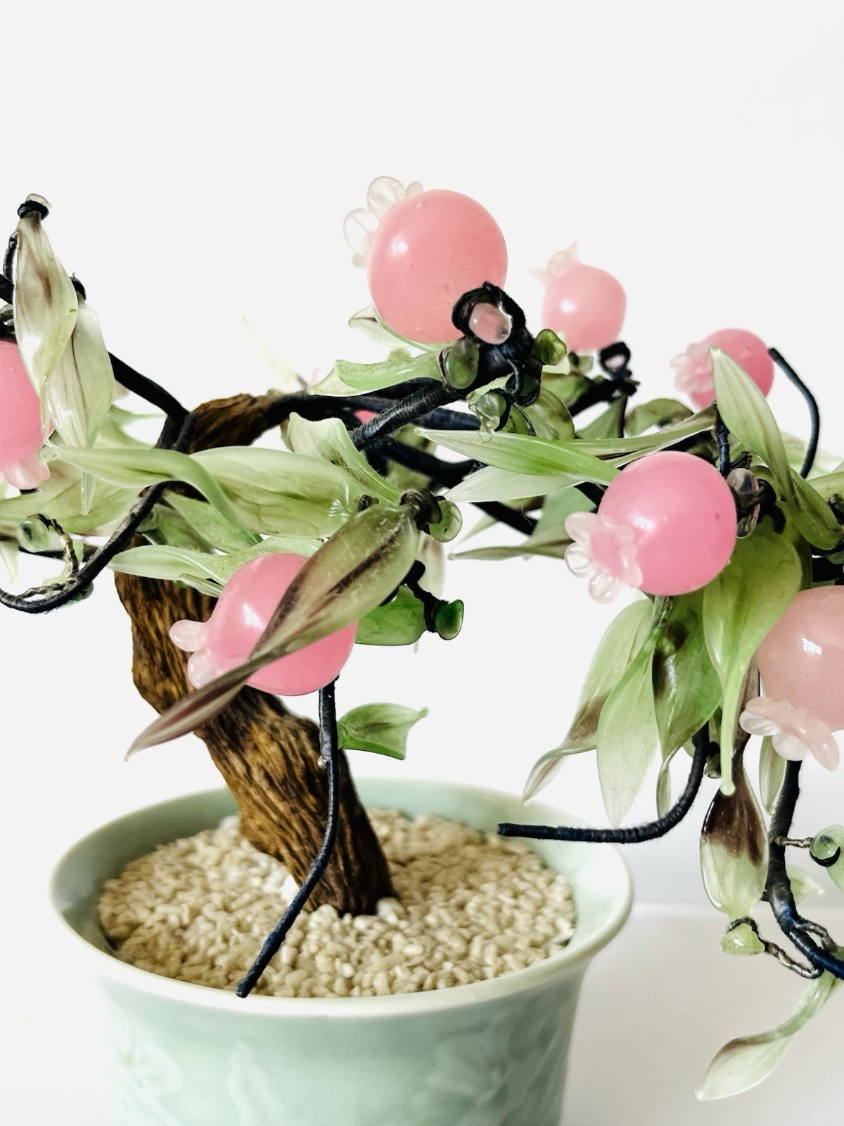 Vintage Pink Cherry Blossom Flower Plastic Bonsai Tree Celadon Planter