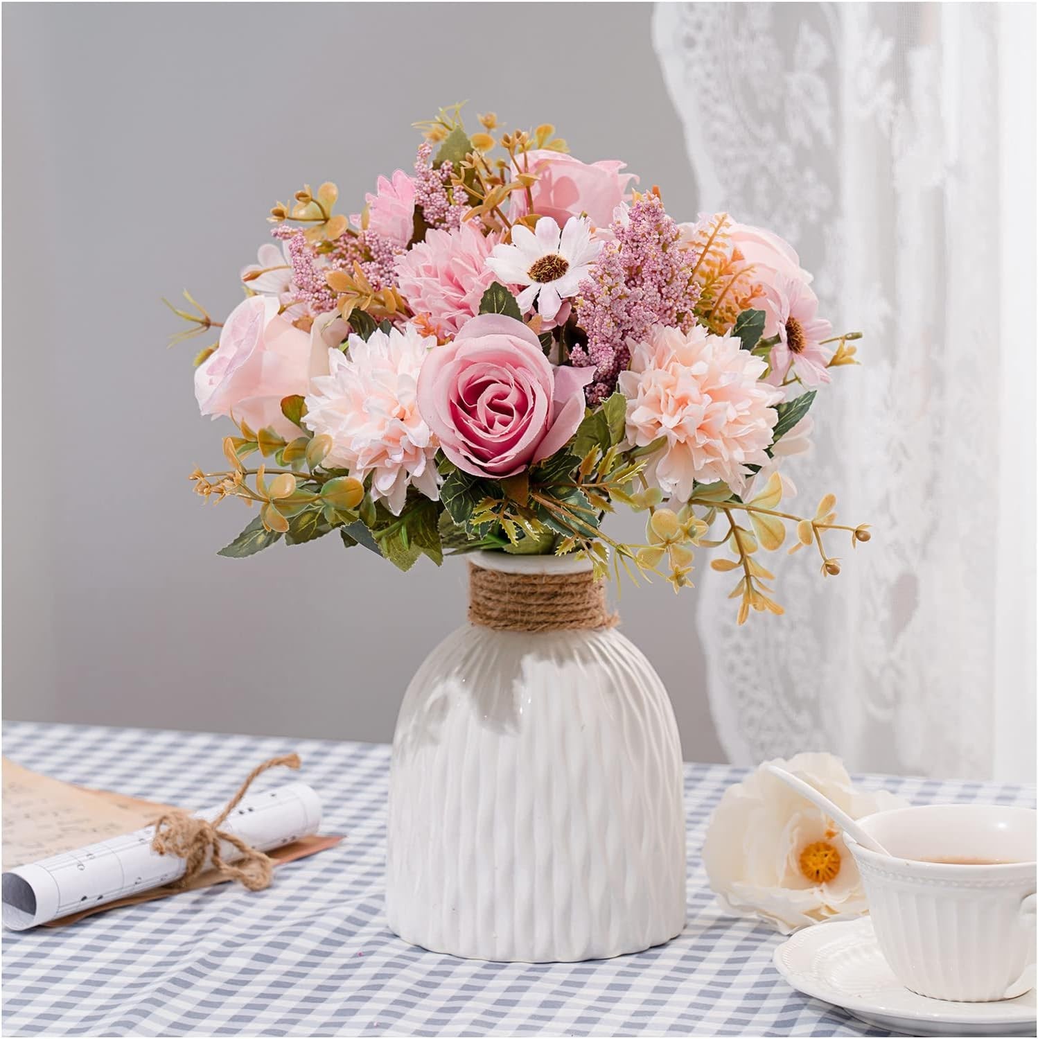 Artificial Pink Flowers in Vase Faux Floral Arrangement for Home Table Decor