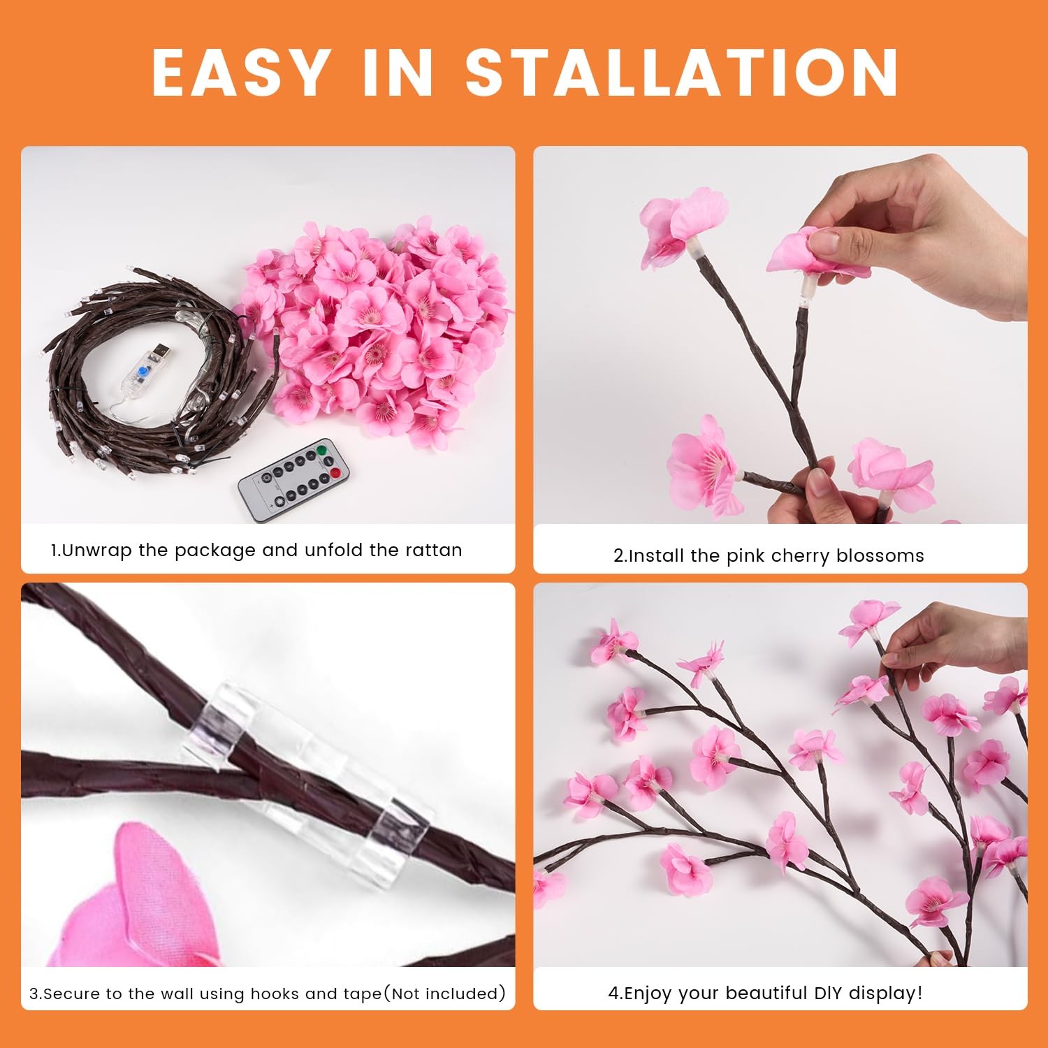 Vine Lights Pink 4FT 48 LED with Remote 8 Modes Timer Fairy Tree Light