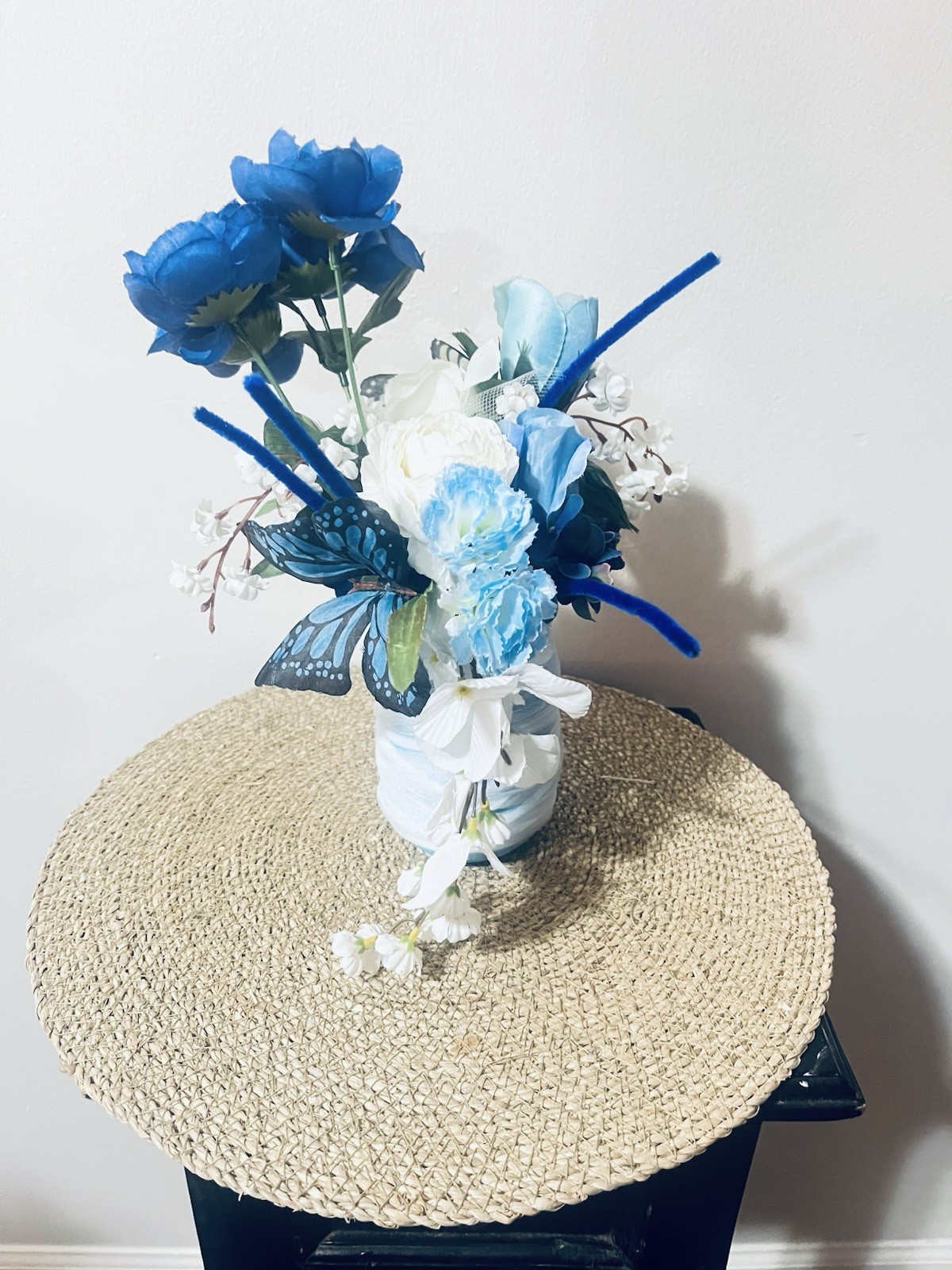Blue & White Artificial Flower Arrangement w/ Roses, Orchids