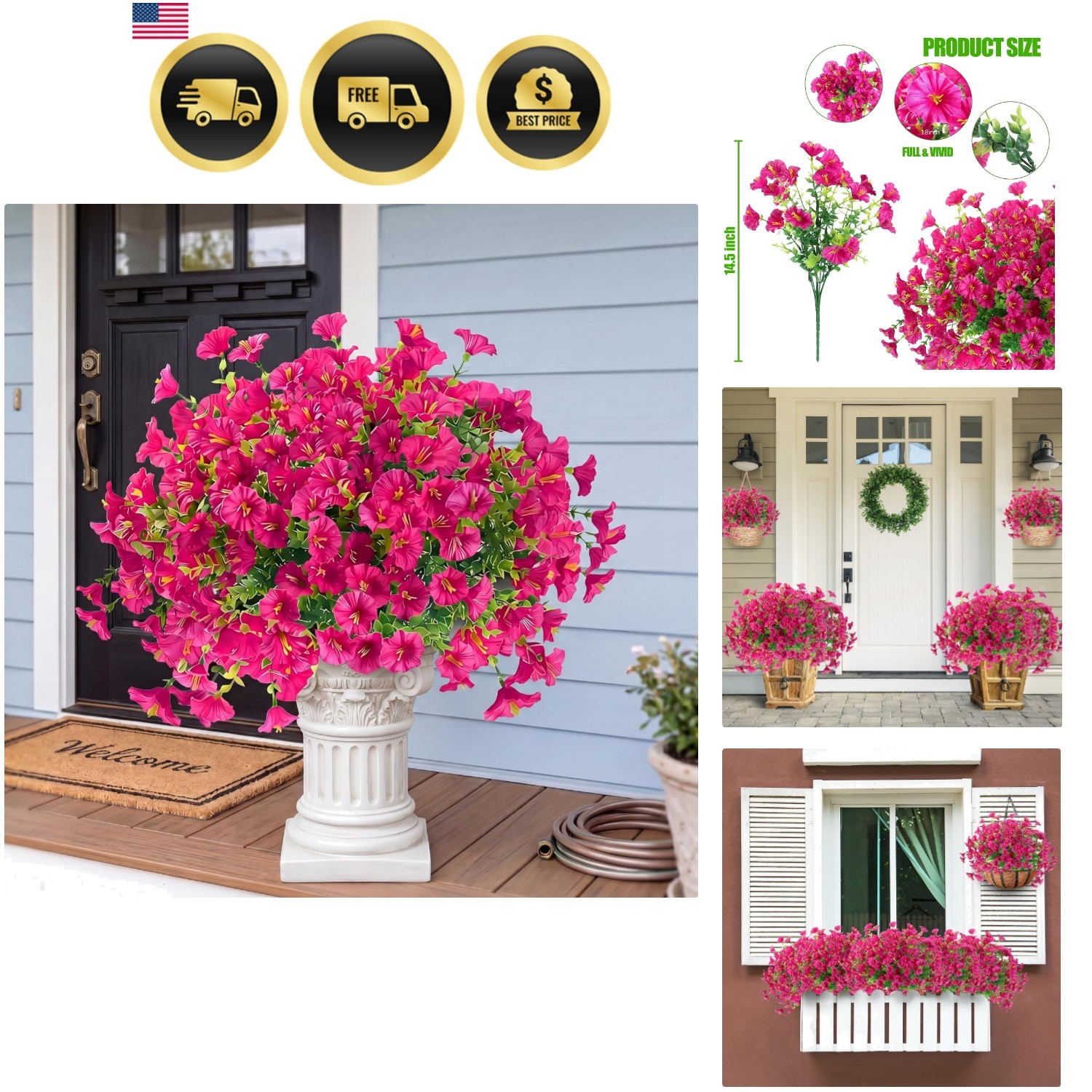 Realistic Magenta Silk Morning Glory Bundles with Eucalyptus for Seasonal Decor