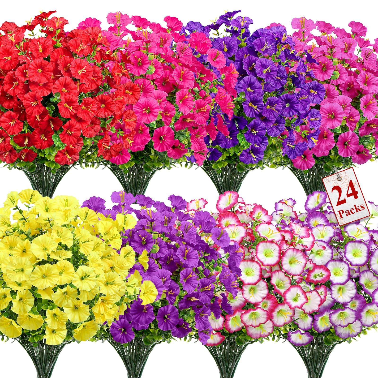 24 Bundles UV Resistant Faux Flowers for Outdoor Garden Decoration, 8 Colors