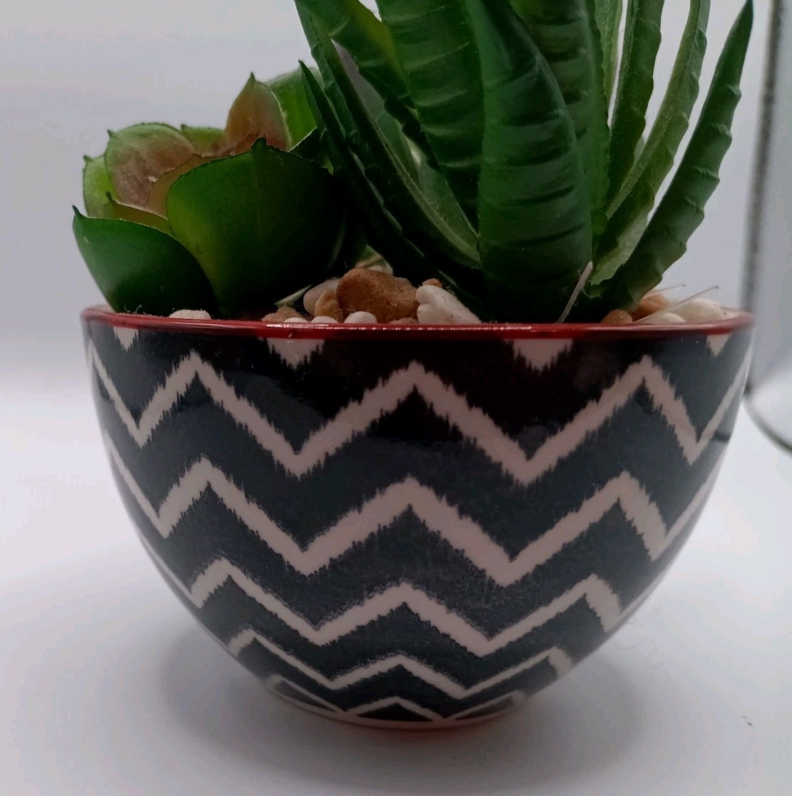 Decorative Artifical 3-Plant Succulent Arrangement In Chevron Print Bowl