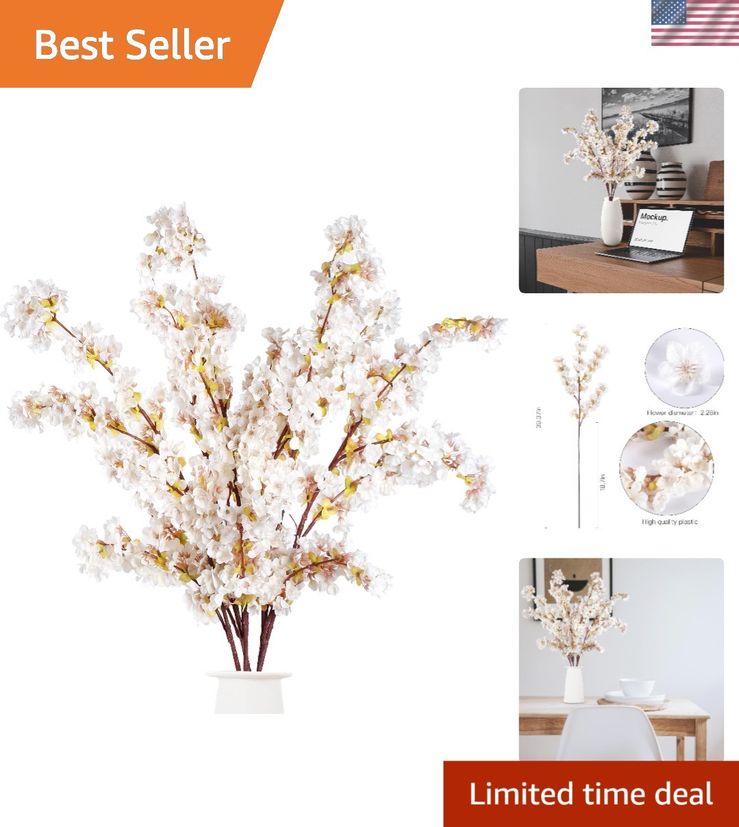 Elegant 39-Inch Artificial Cherry Blossom Branches – 4 Silk Stems for Home Decor
