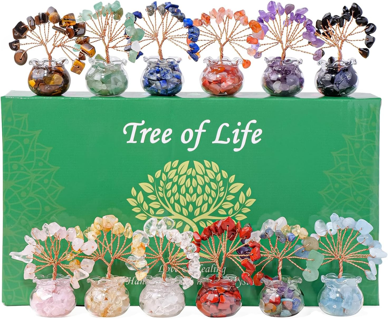 12Pcs Chakra Crystal Tree Set – Fengshui Money Tree with Gemstones, Glass Base,