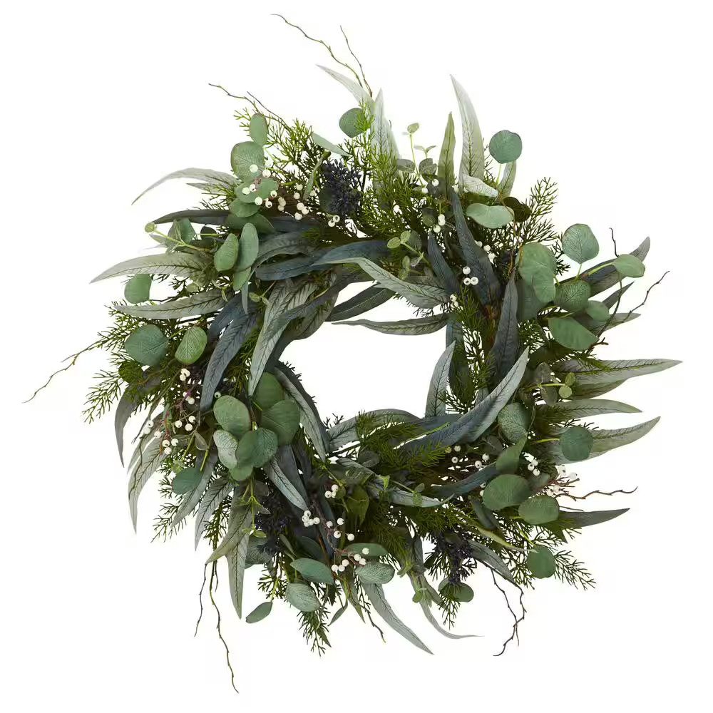 24 In. Indoor Eucalyptus and Mixed Greens Artificial Wreath