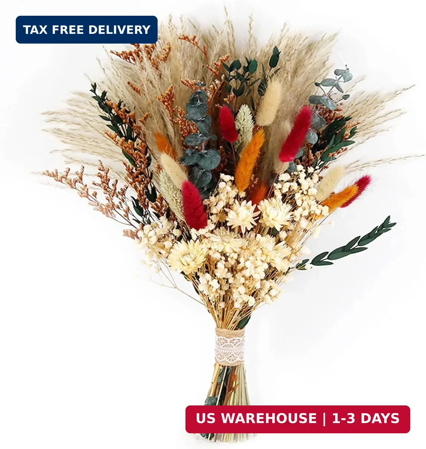 Dried Flower Bouquet,17″ Natural Dried Pampas Grass Decor, Boho Pampas Dried Flo