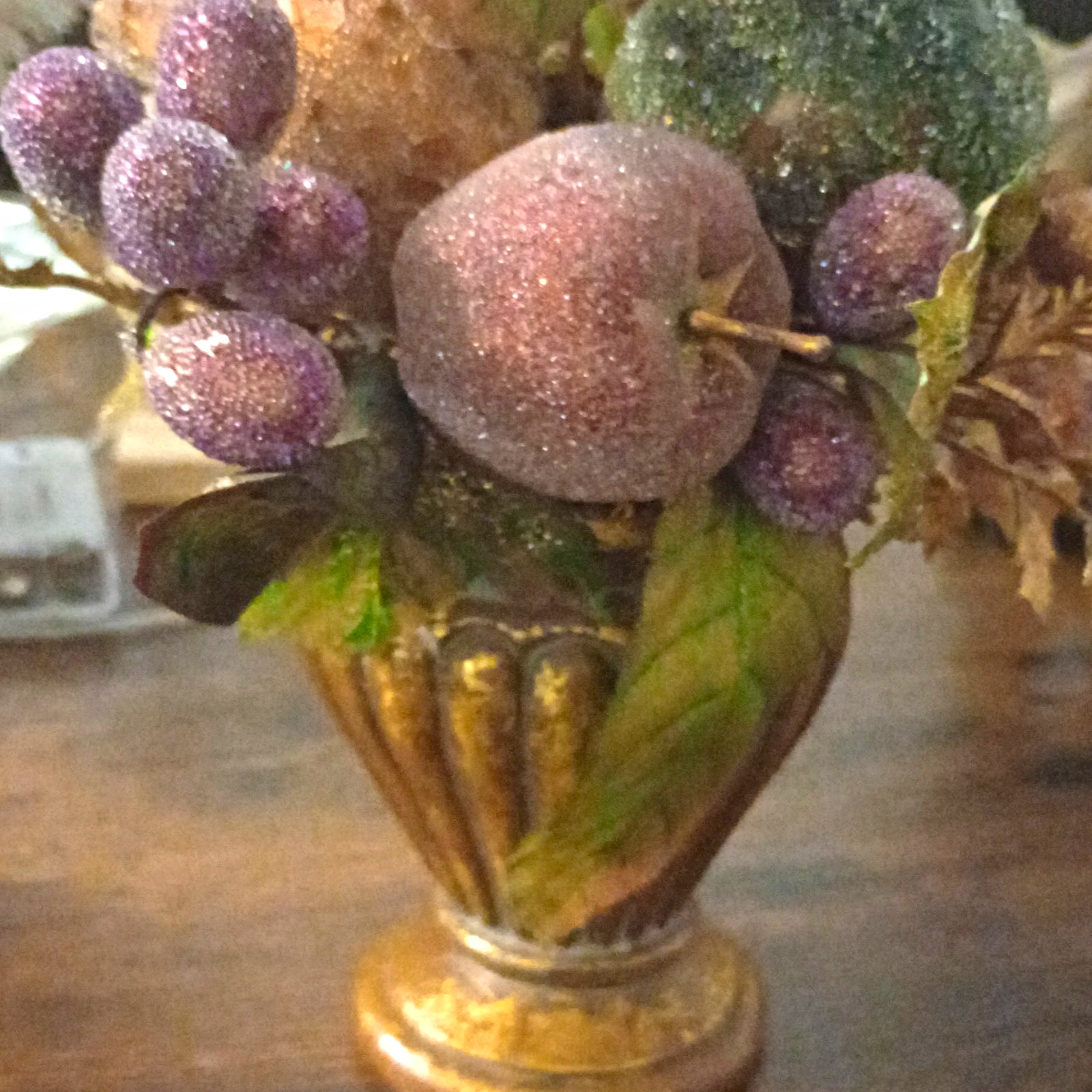Artificial Floral Centerpiece Arrangement, Gold Urn Vase with Purple Berries