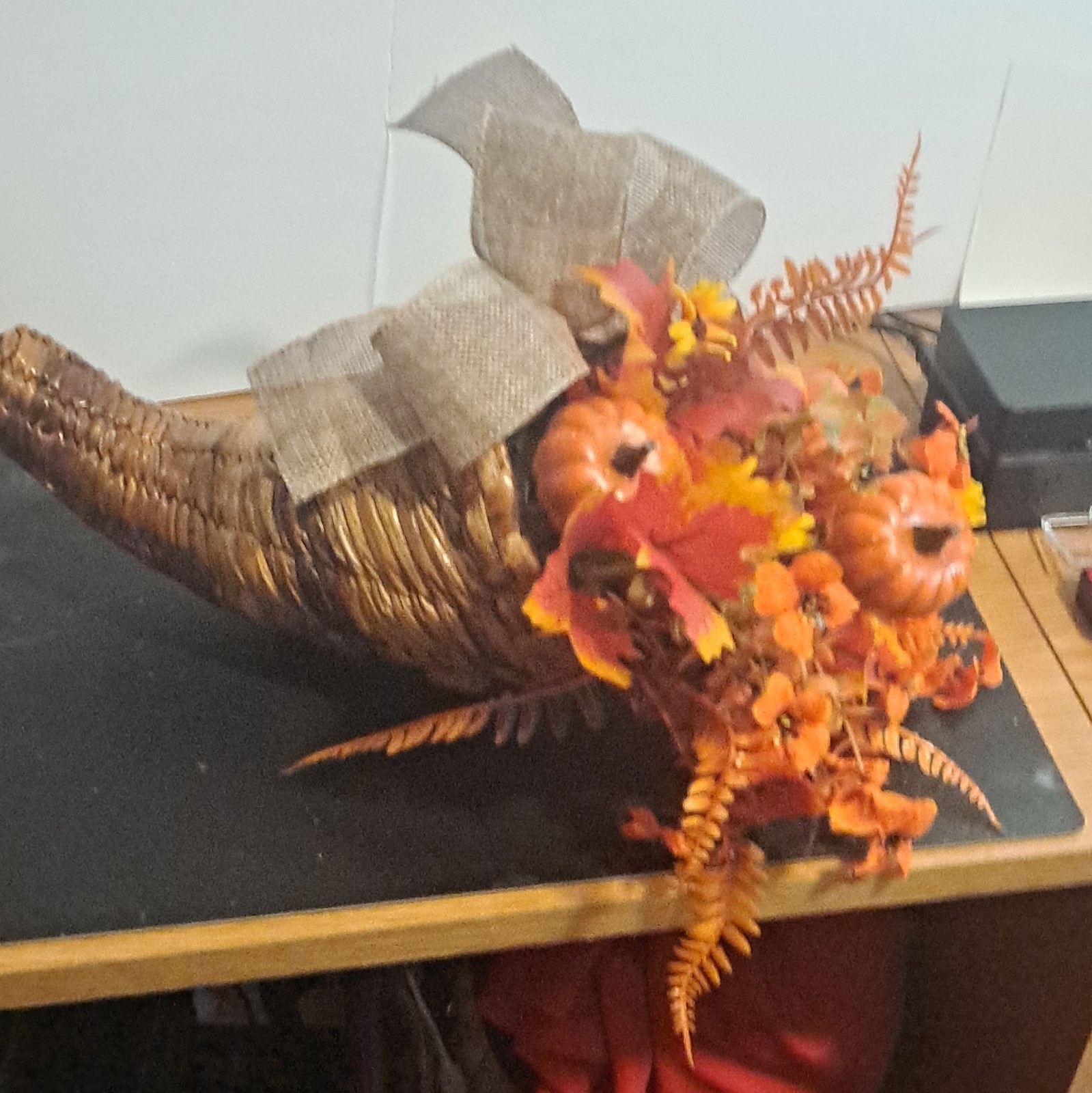 Artificial Fall Cornucopia Centerpiece w/ Pumpkins Sunflowers Burlap Bow