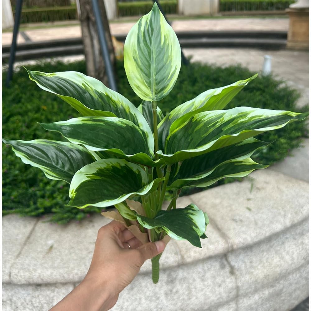 4 Bushes Perennial Hosta Artificial Variegated Green Leave Plant 15.7″ Faux D…