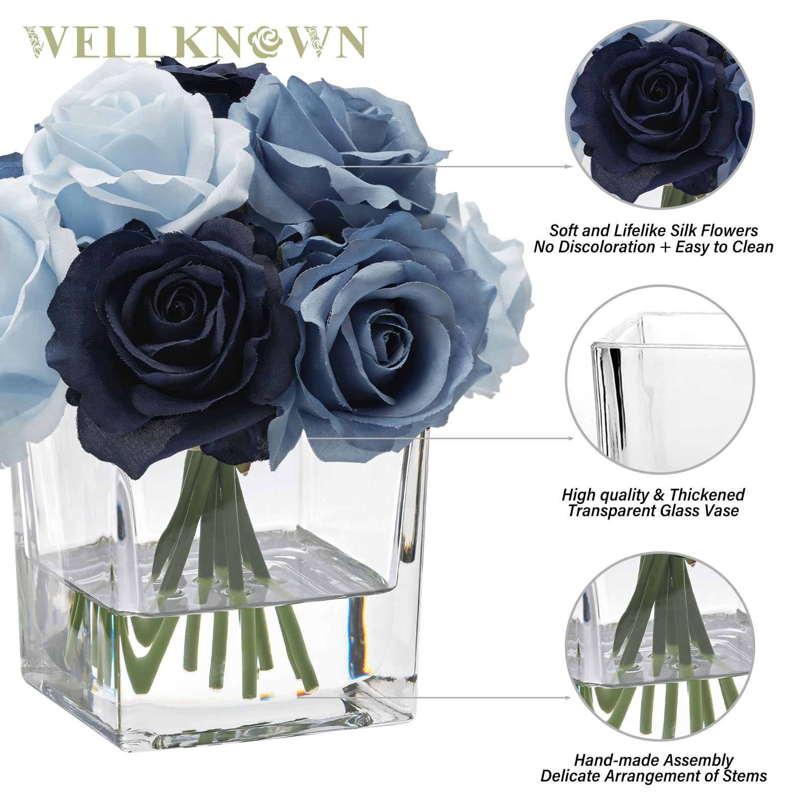 Blue Artificial Silk Rose Flowers In Vase Faux Water Table Centerpiece Decor