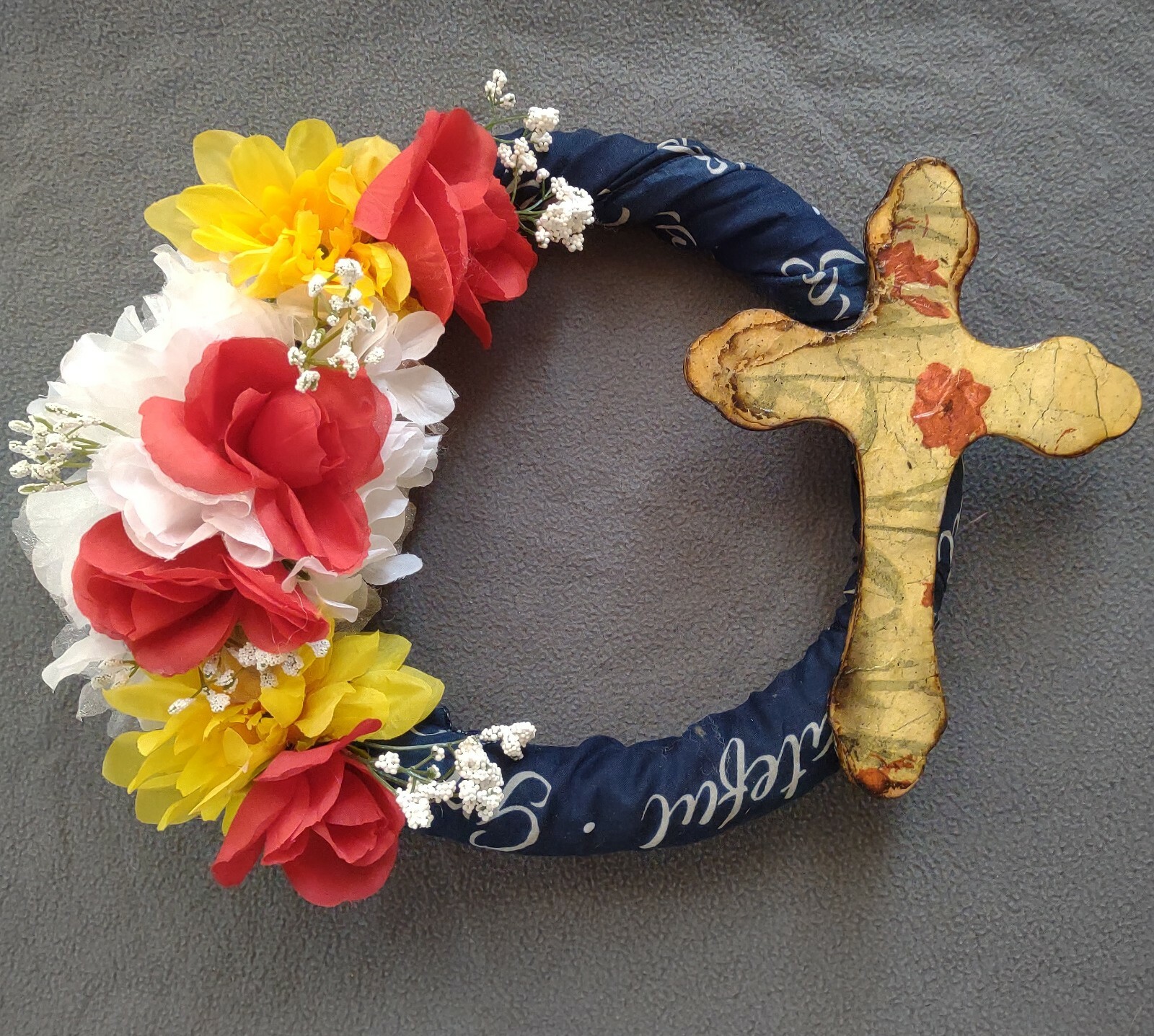 Religious floral wreath with cross. Made with love by me. 