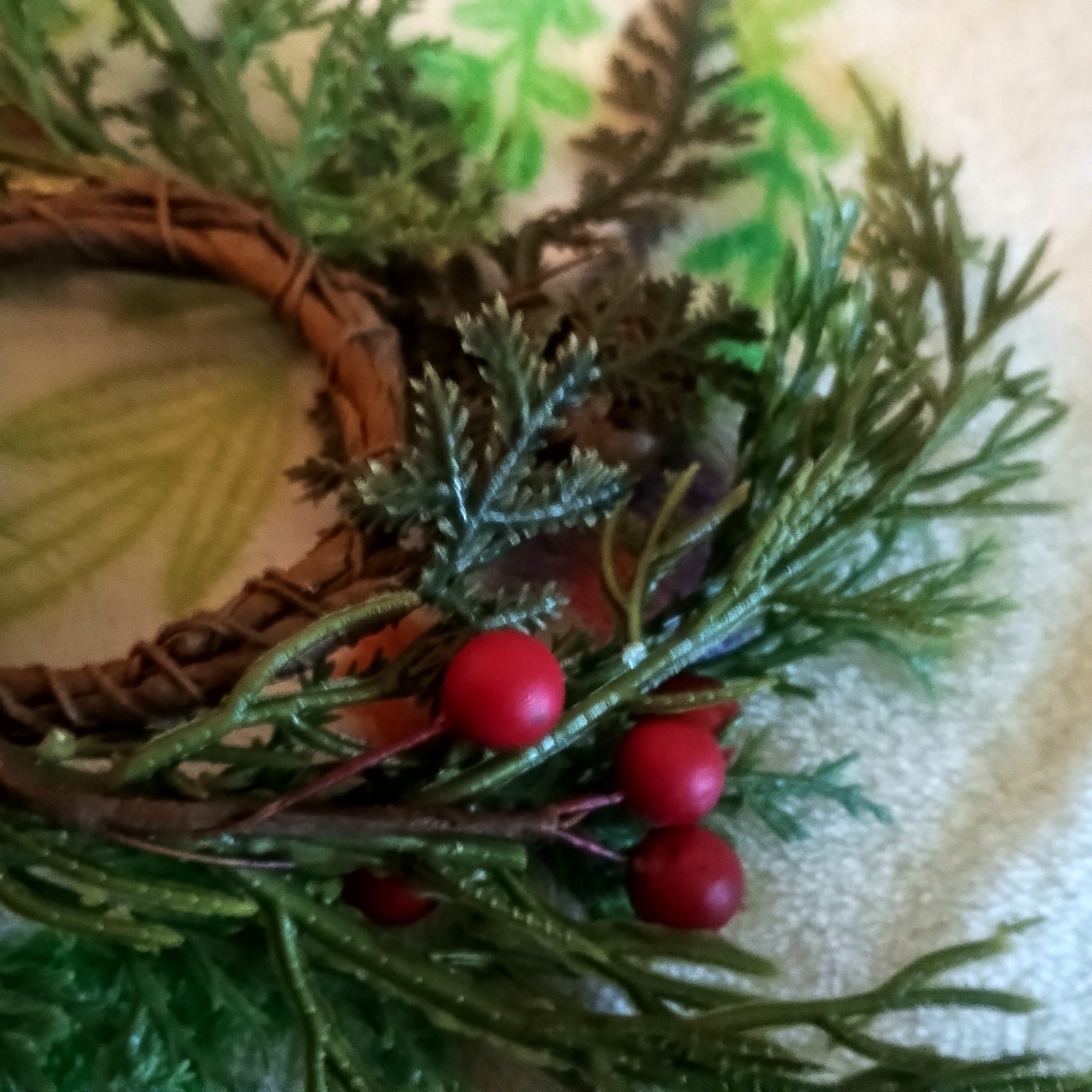 Artificial Pine Candle Ring with Red Berries, Plastic & Twig, Green/Red/Brown