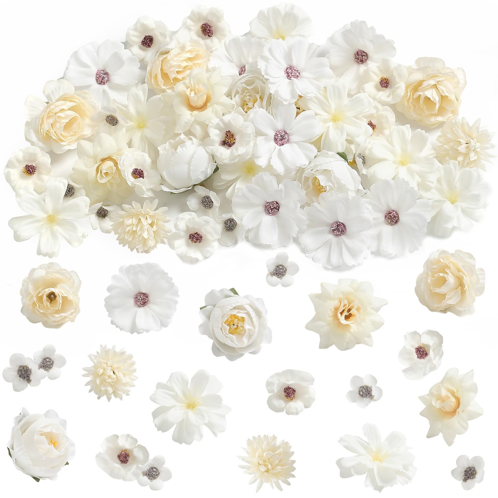 125 PCS Faux Flower Heads Small Silk Artificial Mini Rose Daisy Craft White