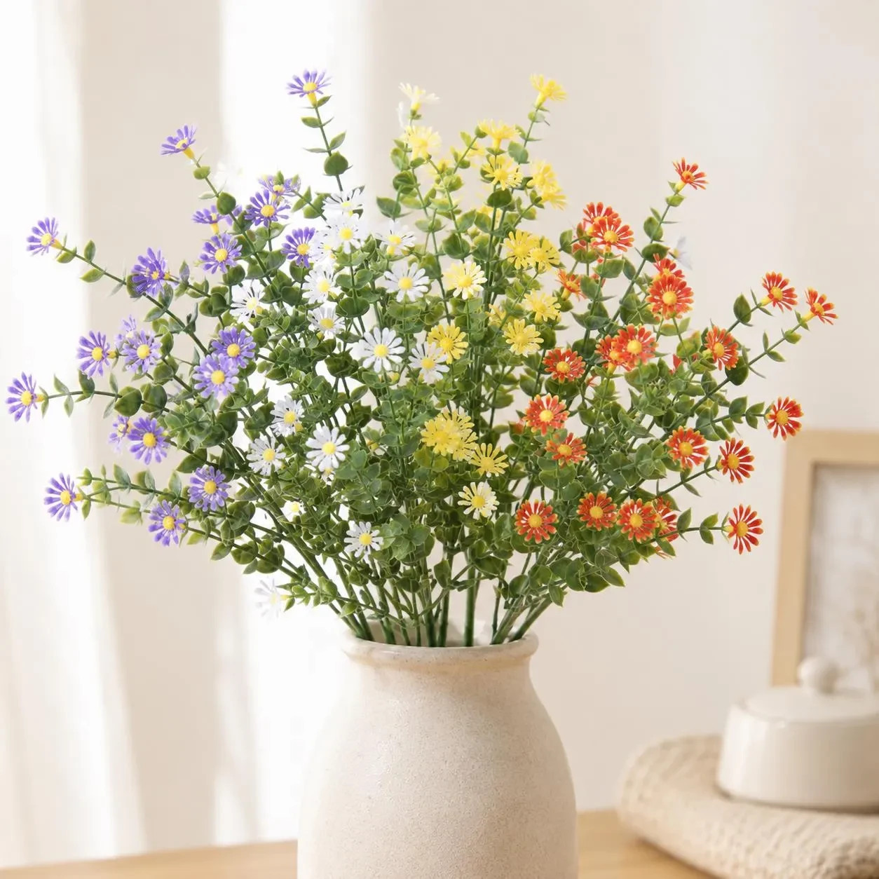 4 Pack Mixed Artificial Daisy Eucalyptus Stems Colorful Faux Flower Bouquet