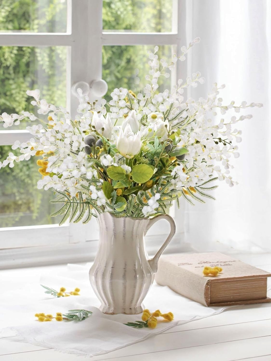 Artificial Mimosa Flowers 16.5″ 6PCS Yellow And White Acacia Spring Stems