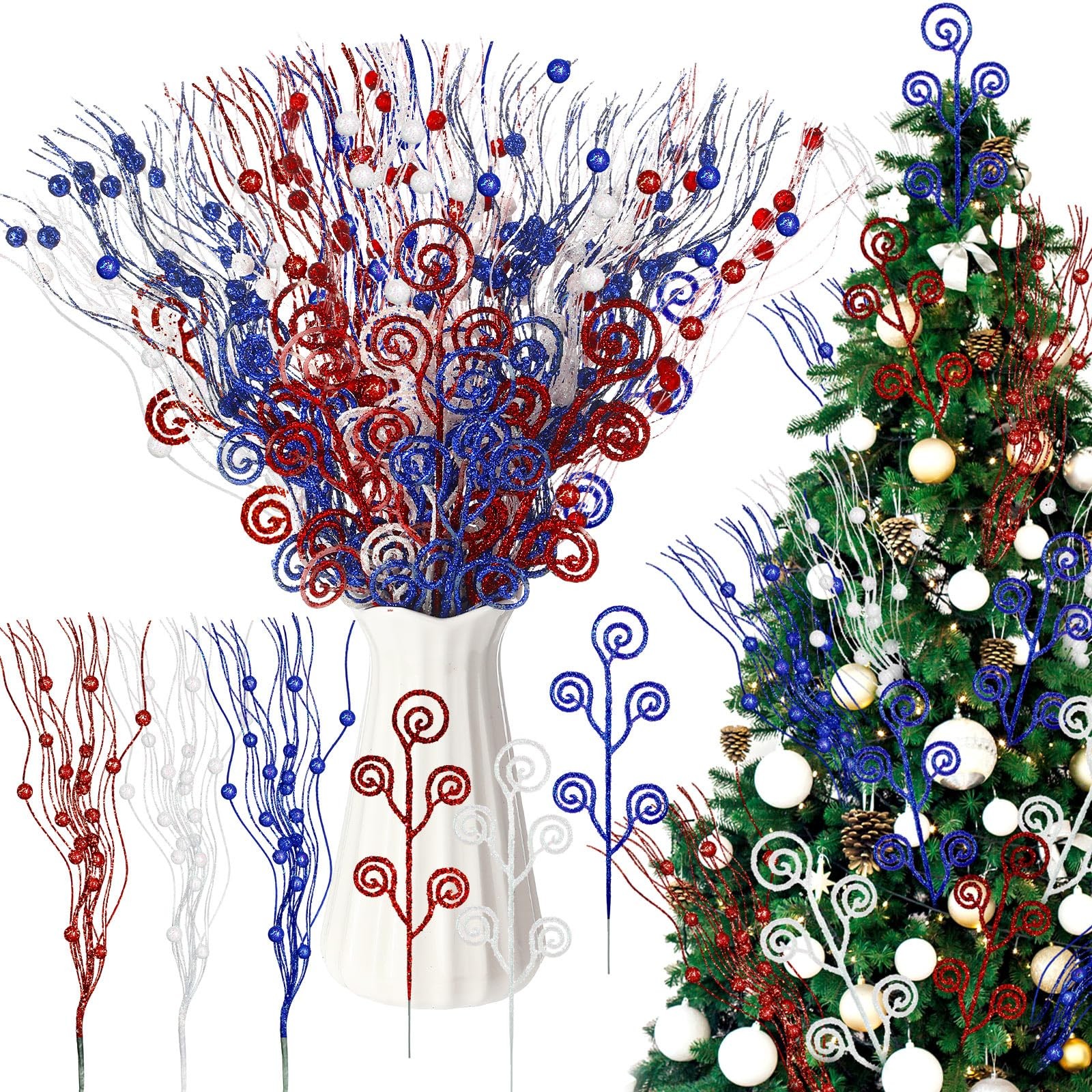 36 Pcs Blue White Red Christmas Tree Picks and Sprays Ornaments 17” 12” Art…