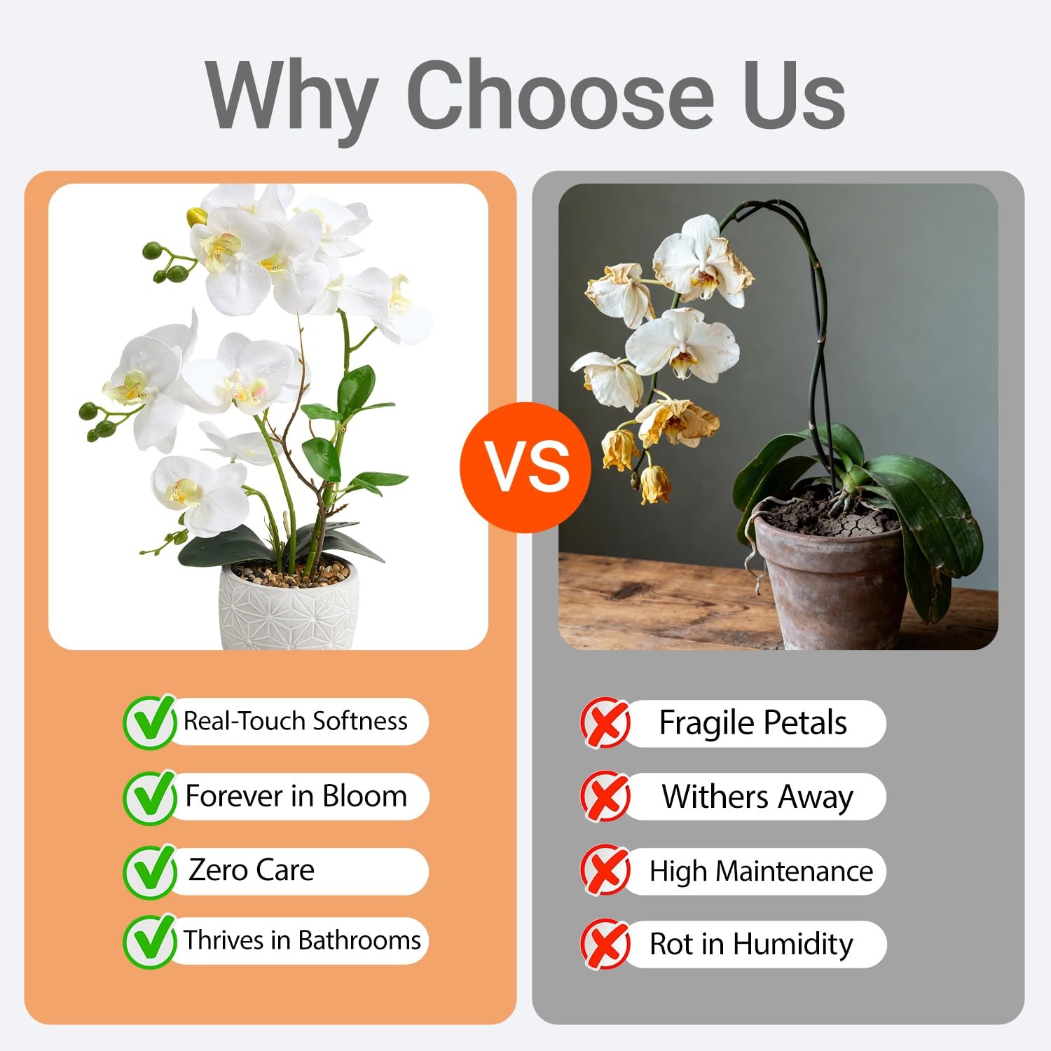 White Artificial Orchid Flowers Potted Plant Real Touch Faux 16 Inch