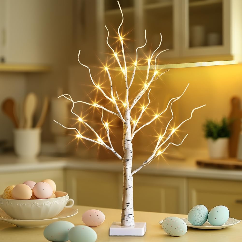 White Birch Tree with LED Lights, Prelit Artificial Tree with Timer, Centerpiece