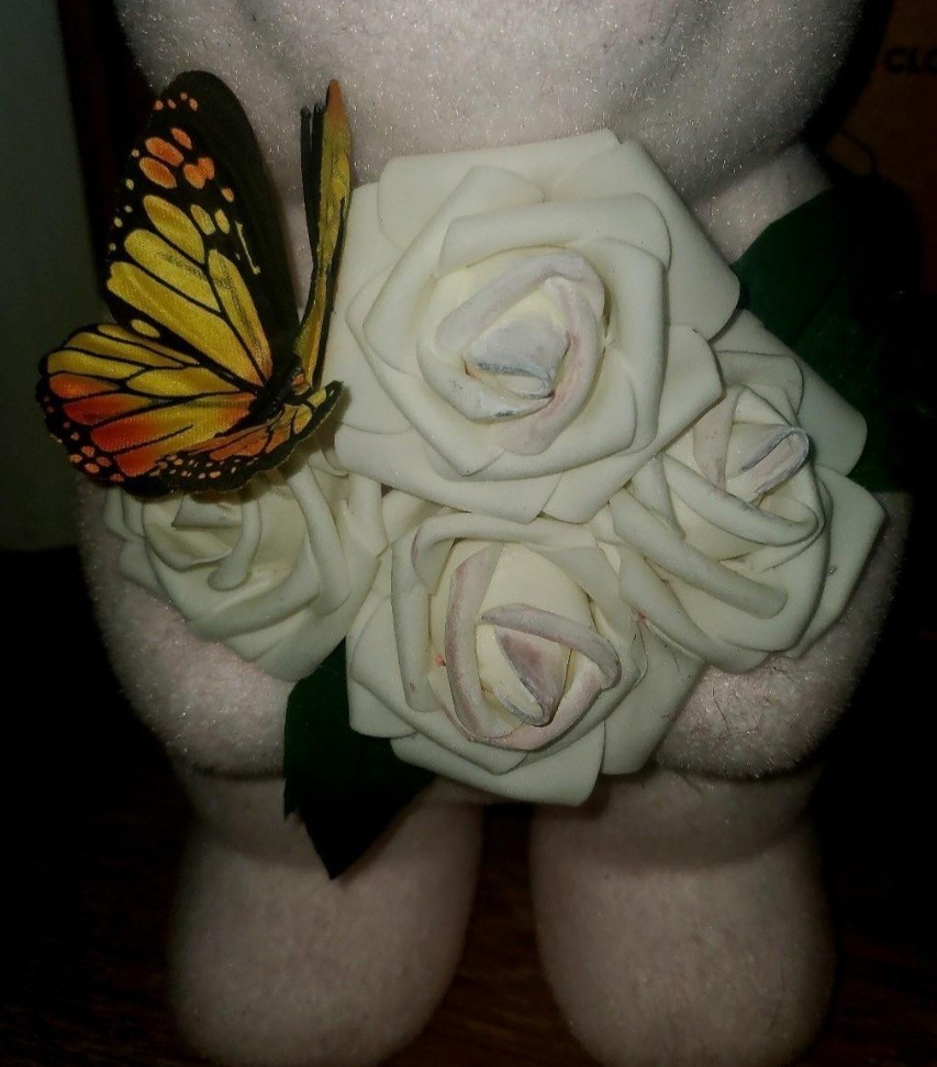 Handmade Foam Floral Bear Decor with White Rose Arrangement and Butterfly