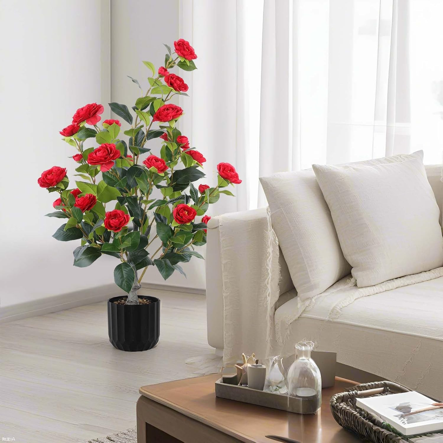 Faux Camellia Trees – 2 Pcs Red Indoor/Outdoor Decor in Pots