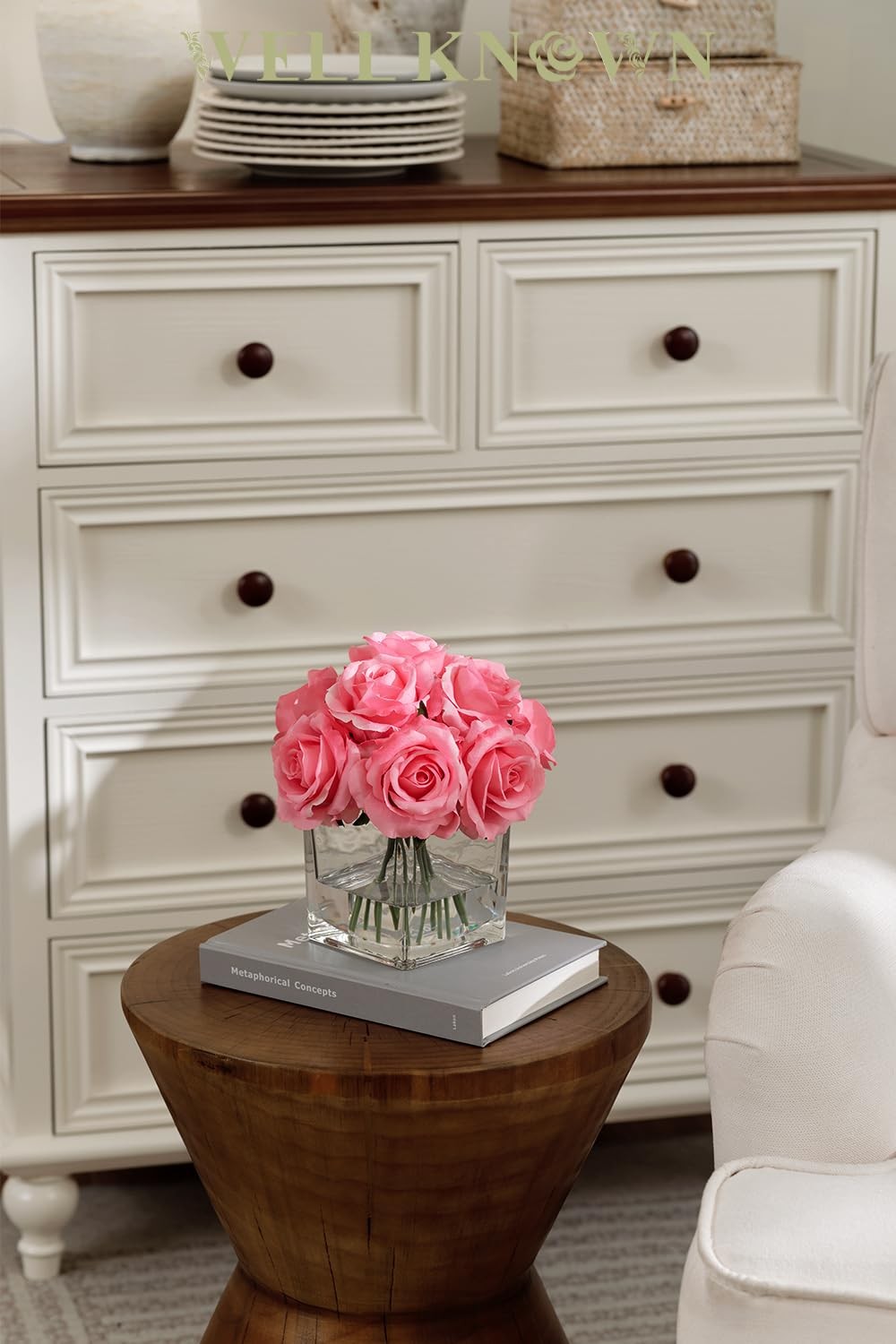 Pink Artificial Rose Flowers In Vase With Faux Water Silk Arrangement Decor
