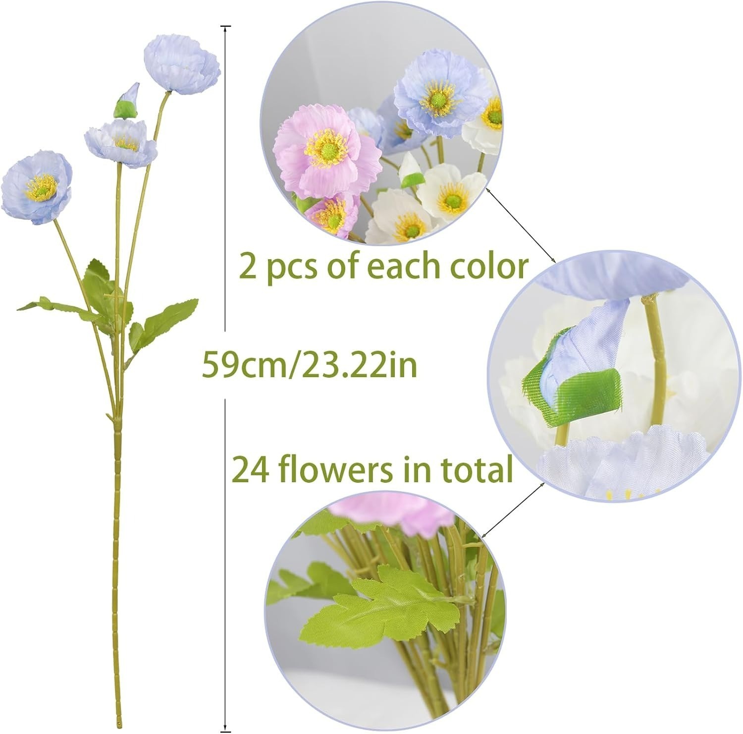 6pcs Artificial Poppy Flower Silk Real Touch Faux Stems Decor Purple Blue White