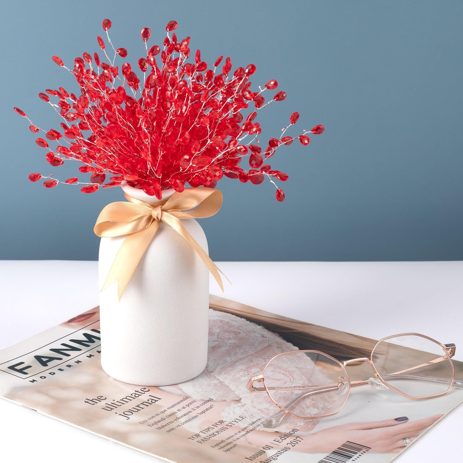 25 PCS Red Acrylic Crystal Flower Branches Artificial Bead Drop Bouquets