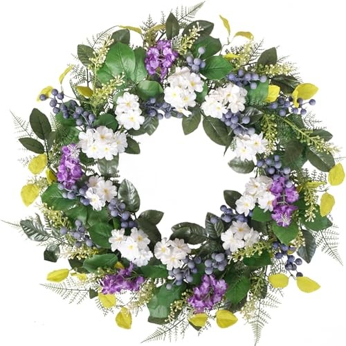 24 Inch Spring Wreath for Front Door – Artificial Blueberry Bunch Wreath with
