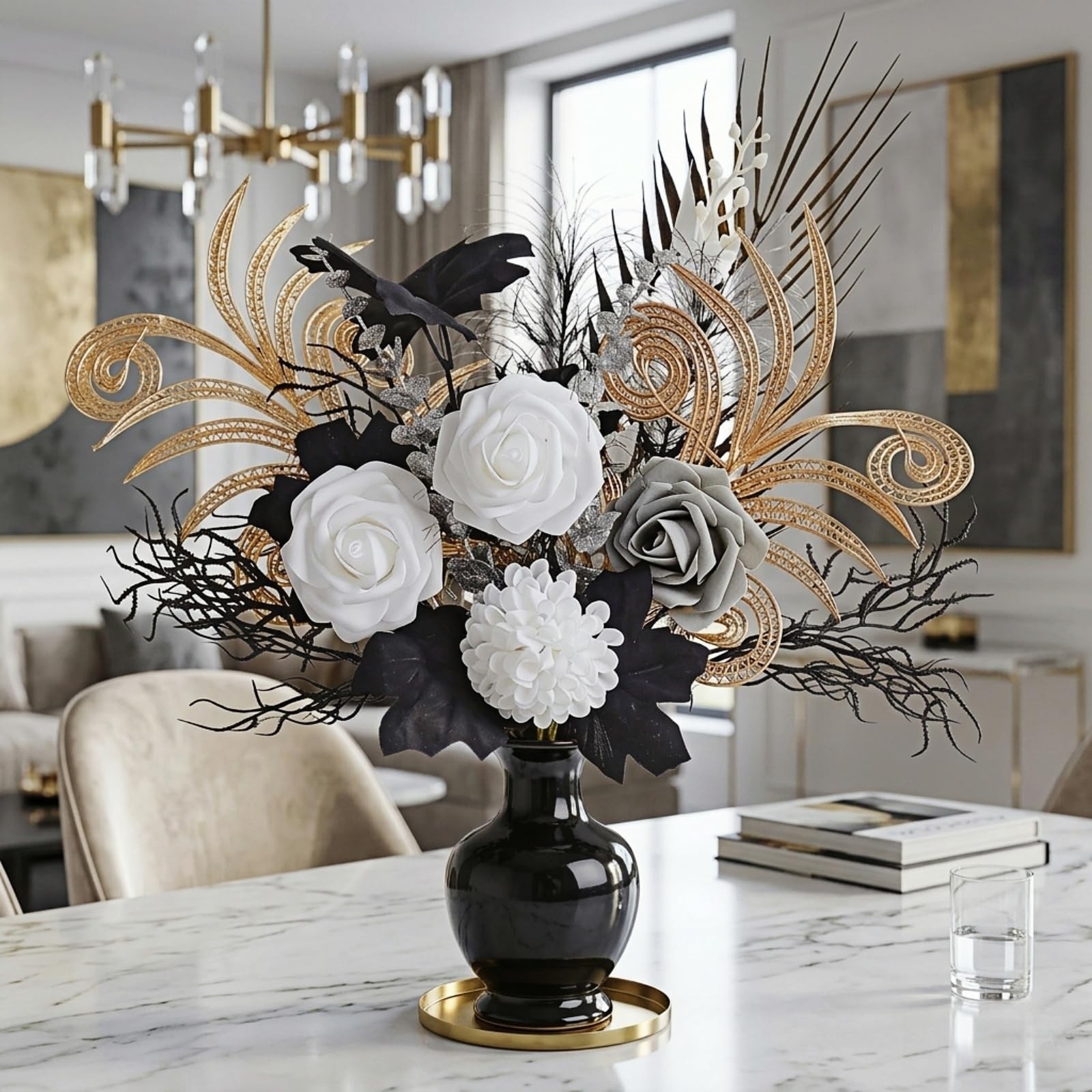 14 PCS 17 Inch Artificial Silk Rose Flower Bouquet Black Gold Gothic Decor