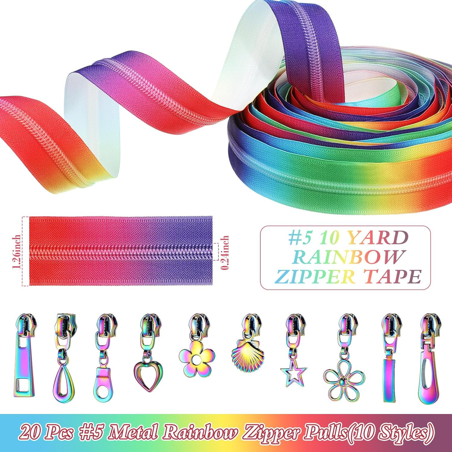 #5 Rainbow Zipper Tape by the Yard 10 Yards Rainbow Teeth Nylon Zipper with 20 P