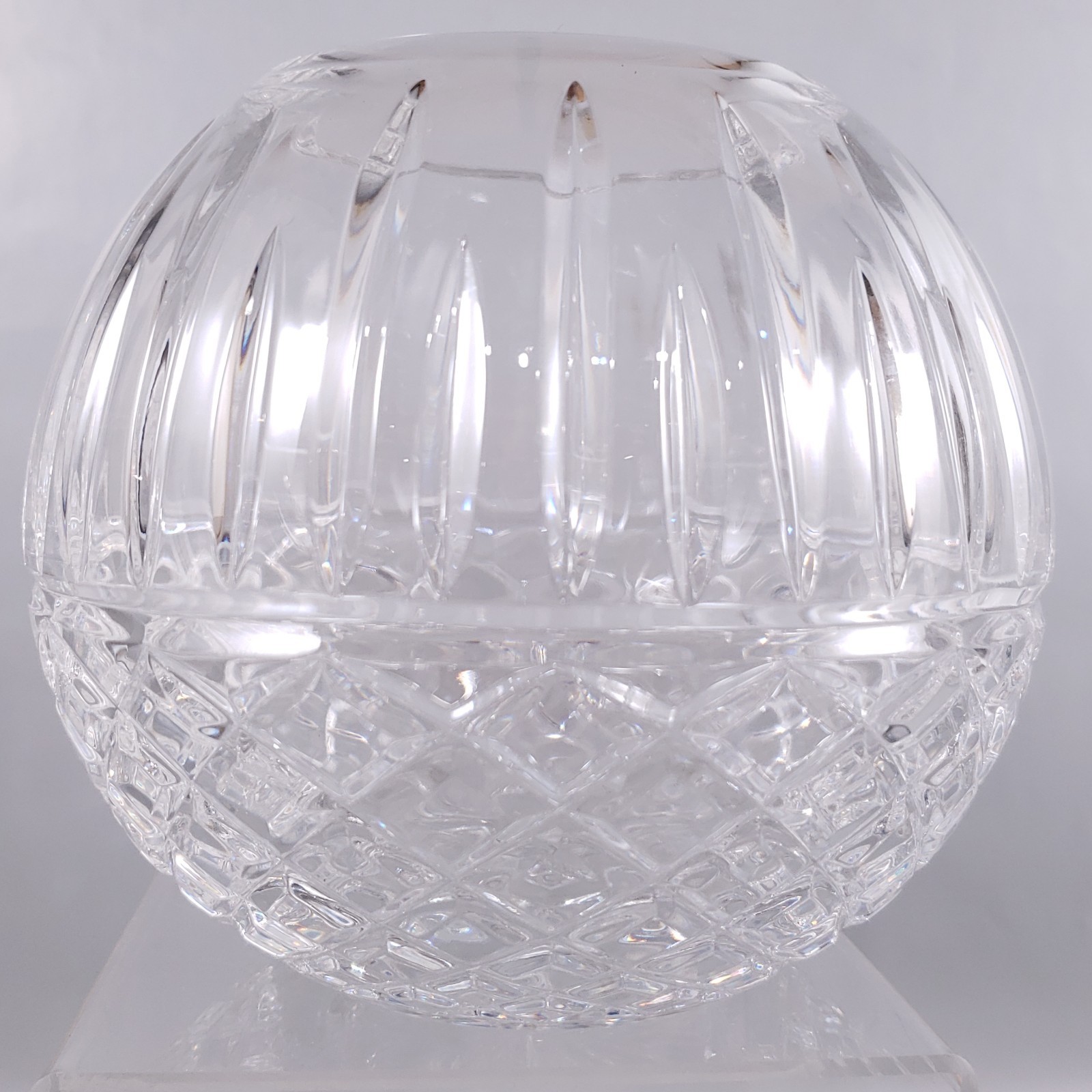 MCM Bohemian Clear Cut Crystal Rose Bowl & Brown Macrame Plant Hanger SET
