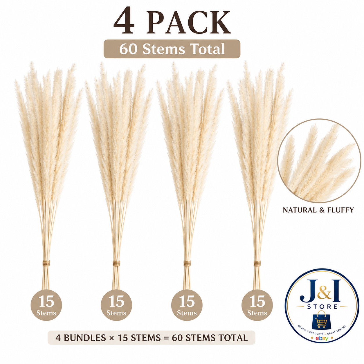 4 Pack 15 Stems Natural Dried Reed Grass Pampas Boho Home Vase Wedding Decor