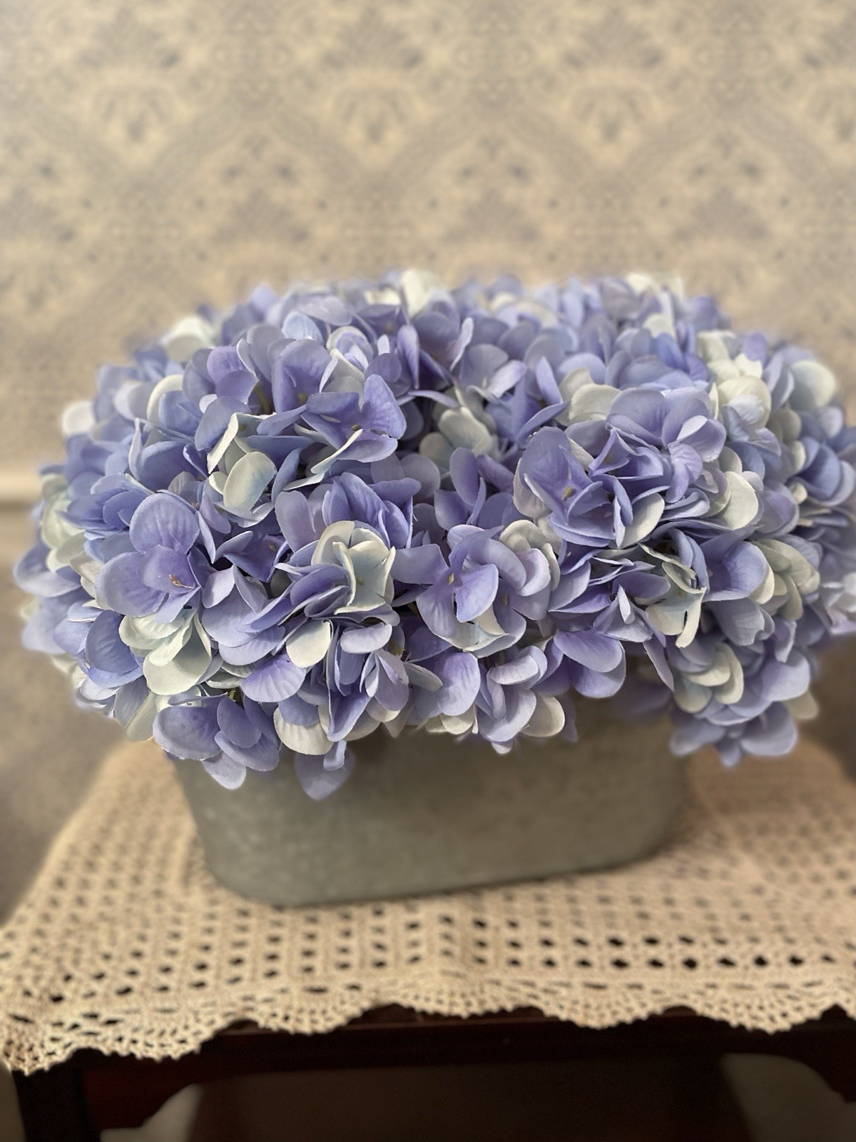Blue Hydrangeas Silk Floral Table Arrangement In Metal Planter 12” Wide