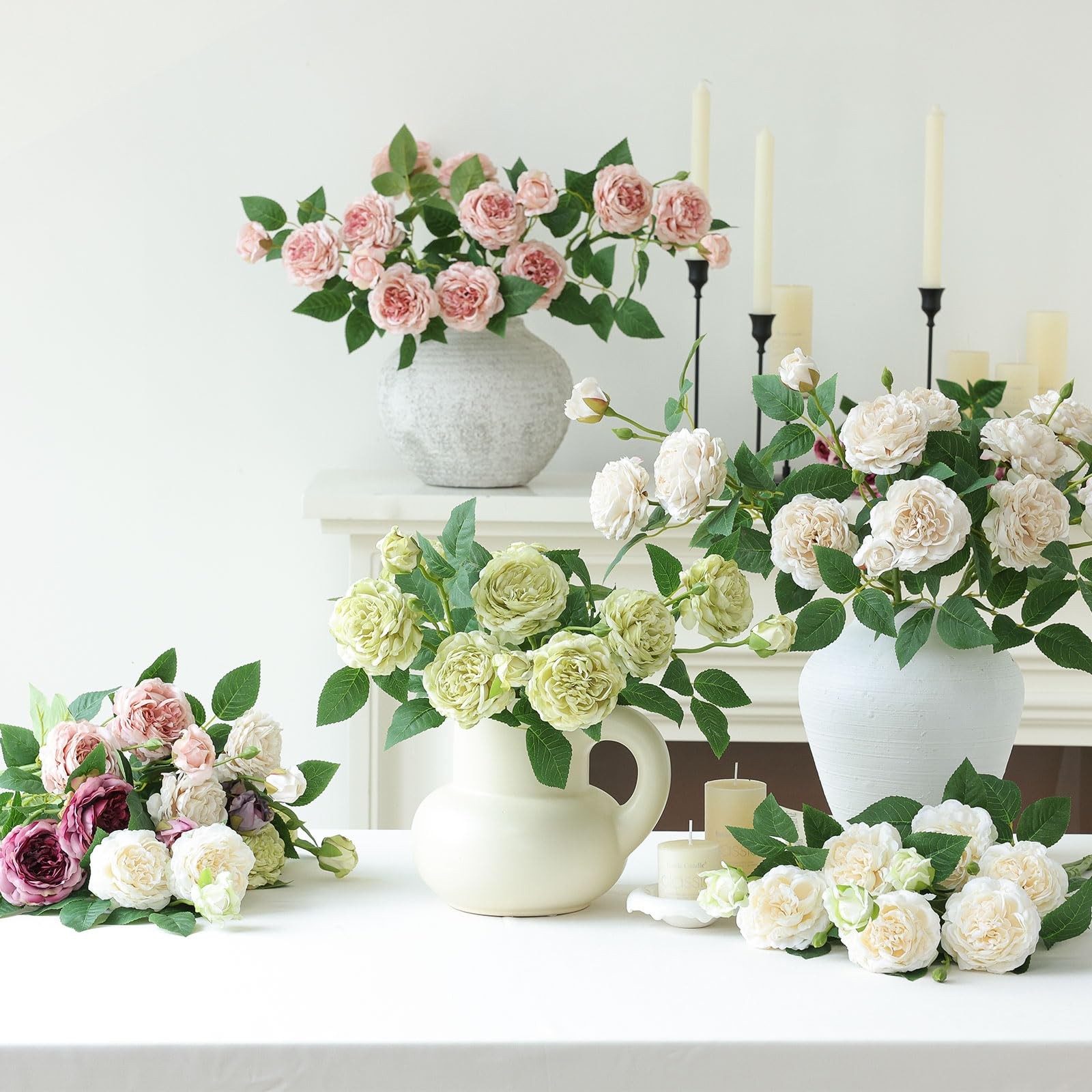 4Pcs Pink Artificial Roses Flowers Fake Silk Rose Flower with Leaves Stems Re…