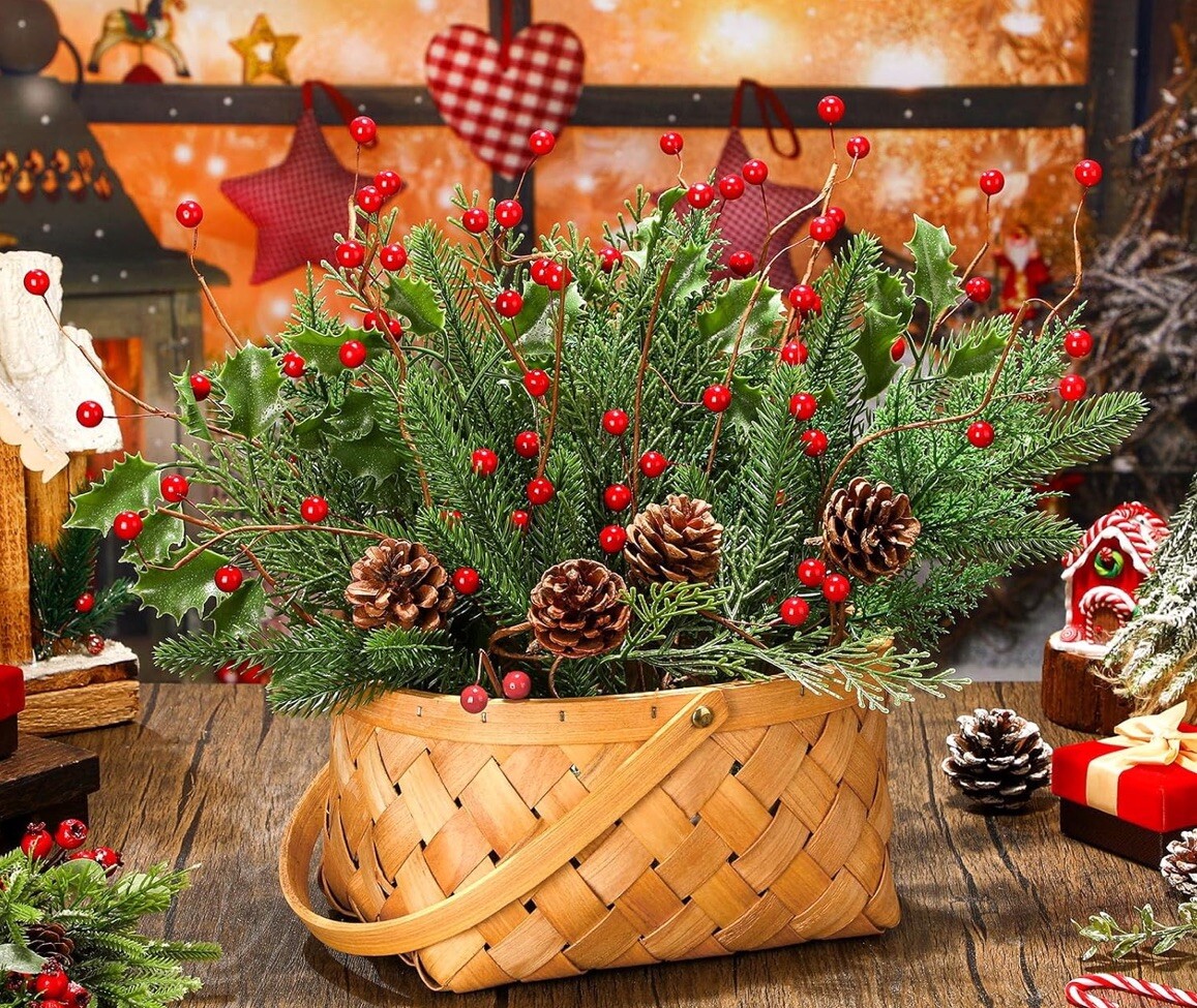 Christmas Artificial Flower Basket Decor Tabletop Decoration Plant with Red B…