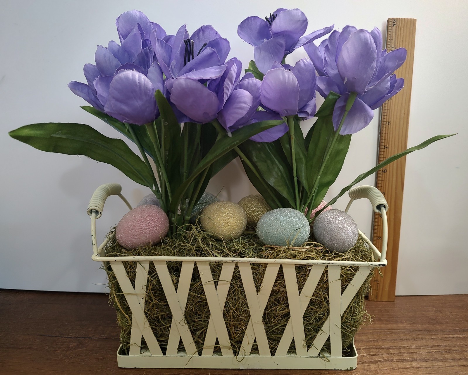 Easter Table Centerpieces Artificial Floral Purple Iris Metal Basket