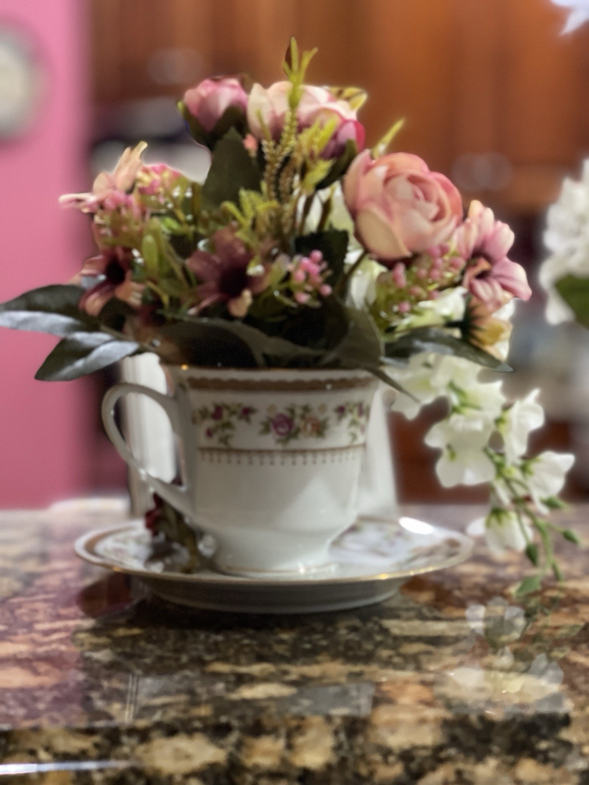 Hand Crafted Tea Cup Flower Arrangement.