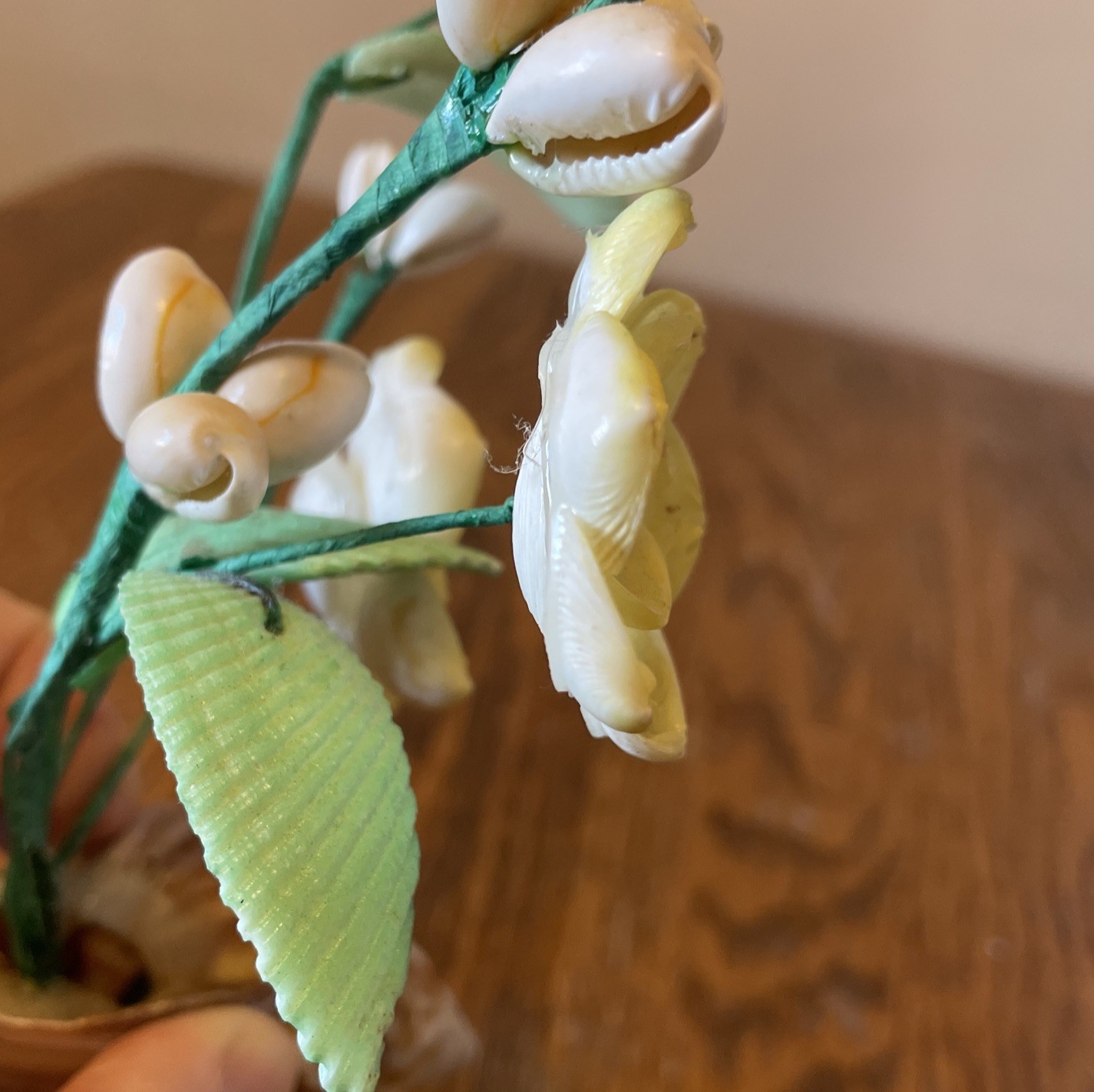 Vintage Handmade Sea Shell Bouquet of Yellow Flowers Floral Arrangement Kitsch