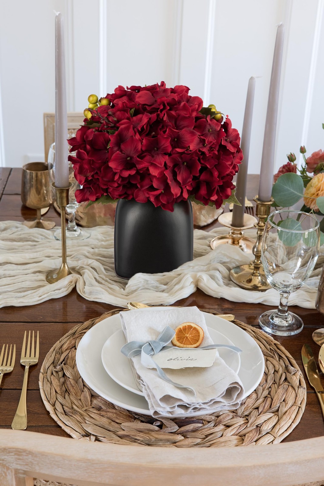 Hydrangea Artificial Flowers in Ceramic Black Vase, Burgundy Silk Hydrangea C…