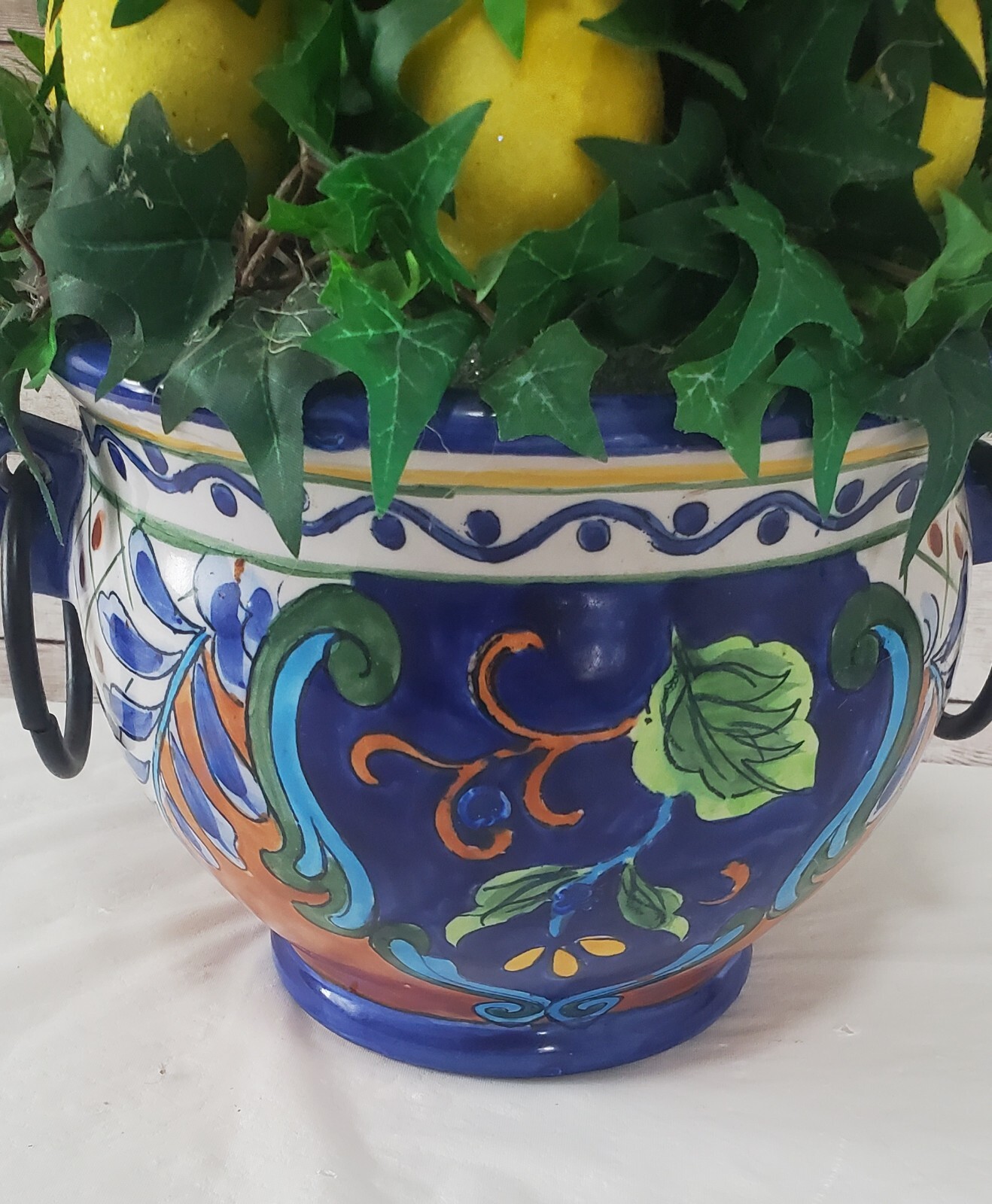 Faux Lemon 23″ Topiary Tree Centerpiece in Beautiful Cobalt Blue & Rust Planter