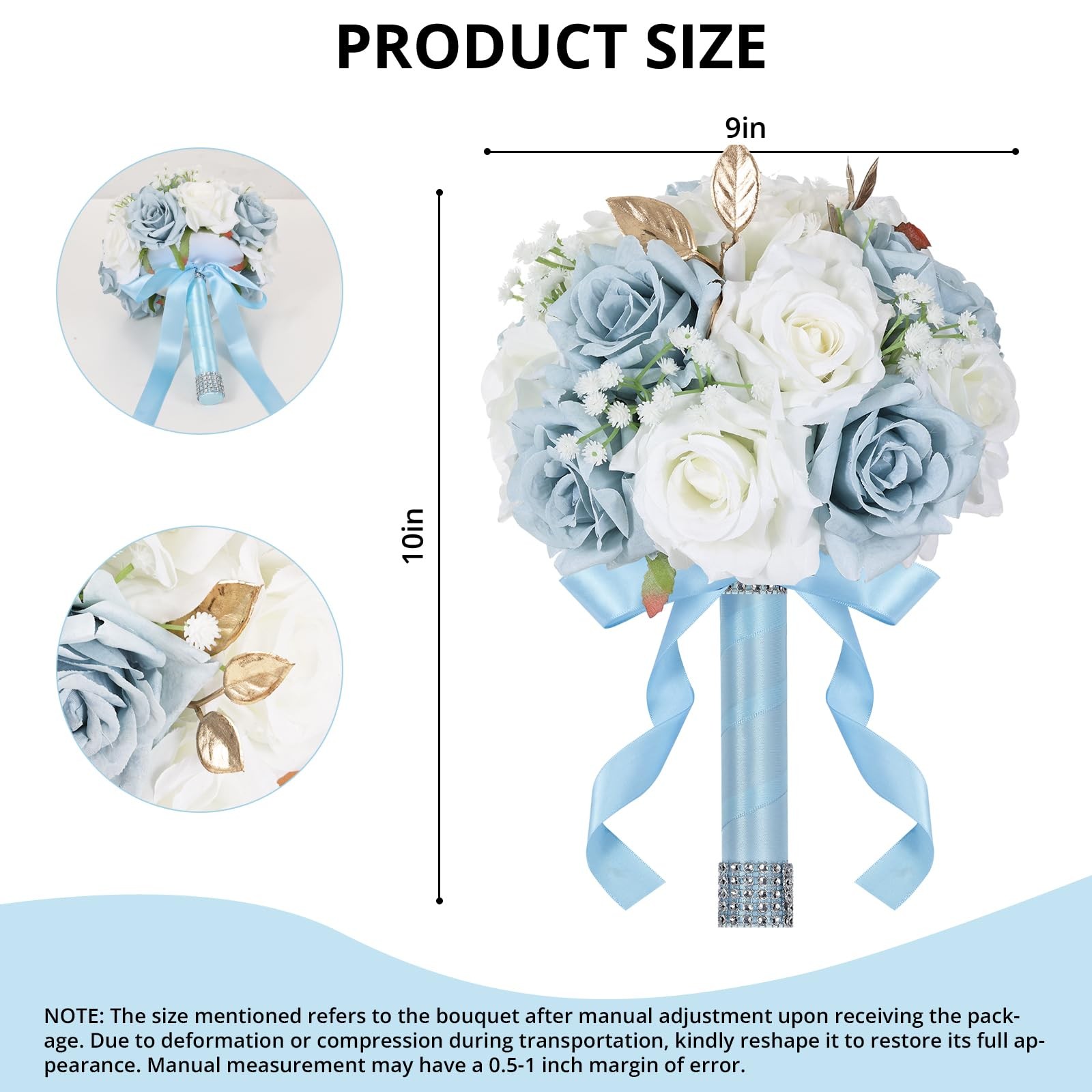9 Inch Wedding Bouquets for Bride White & Blue Artificial Silk Roses Realistic