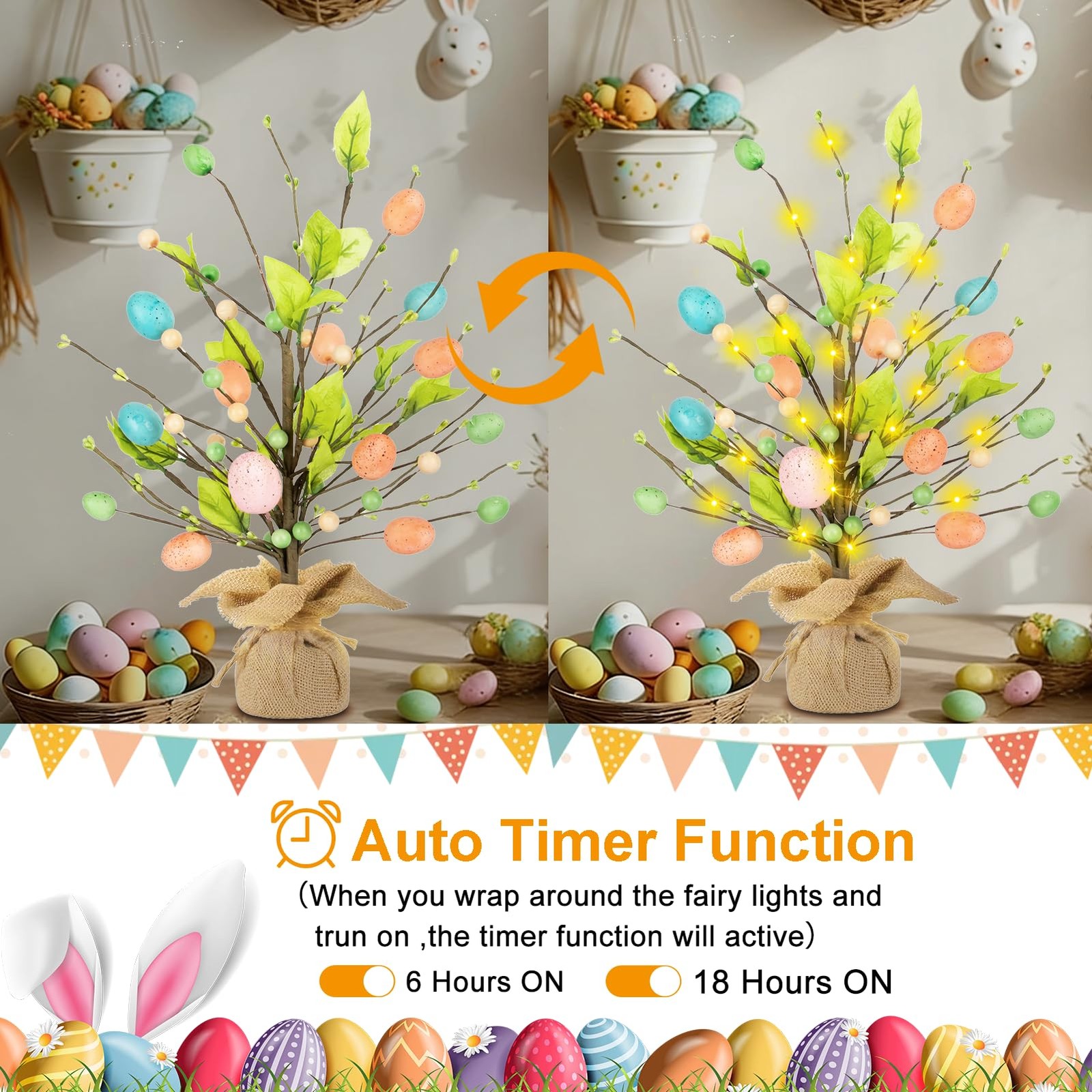 18 Inch Lighted Easter Egg Tree Timer Fairy Lights Adjustable Spring Decor