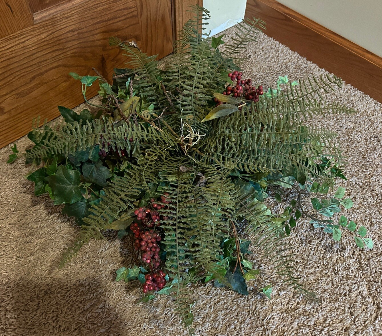 21” Artificial Faux Fern Bush Plant Green with Red Berries and Leaf Variety