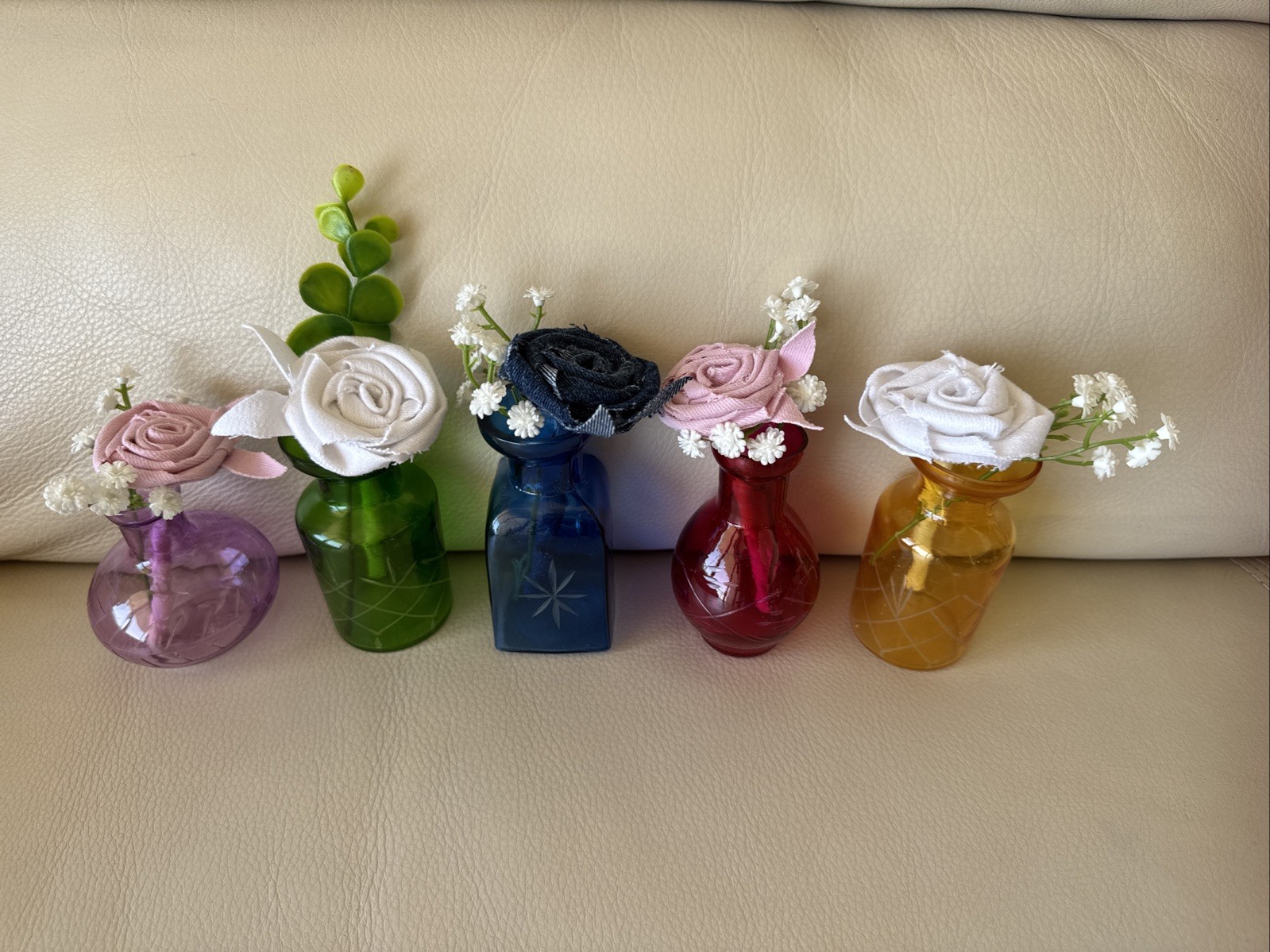 Five Small Upcycled 3 1/2” Vases With Coordinating Colors Handmade Denim Roses